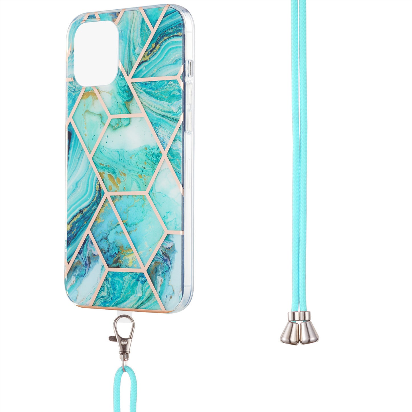 2.0mm Slim Marble Splicing Pattern Double-sided IMD Electroplating Flexible TPU Case with Lanyard for iPhone 13 6.1 inch