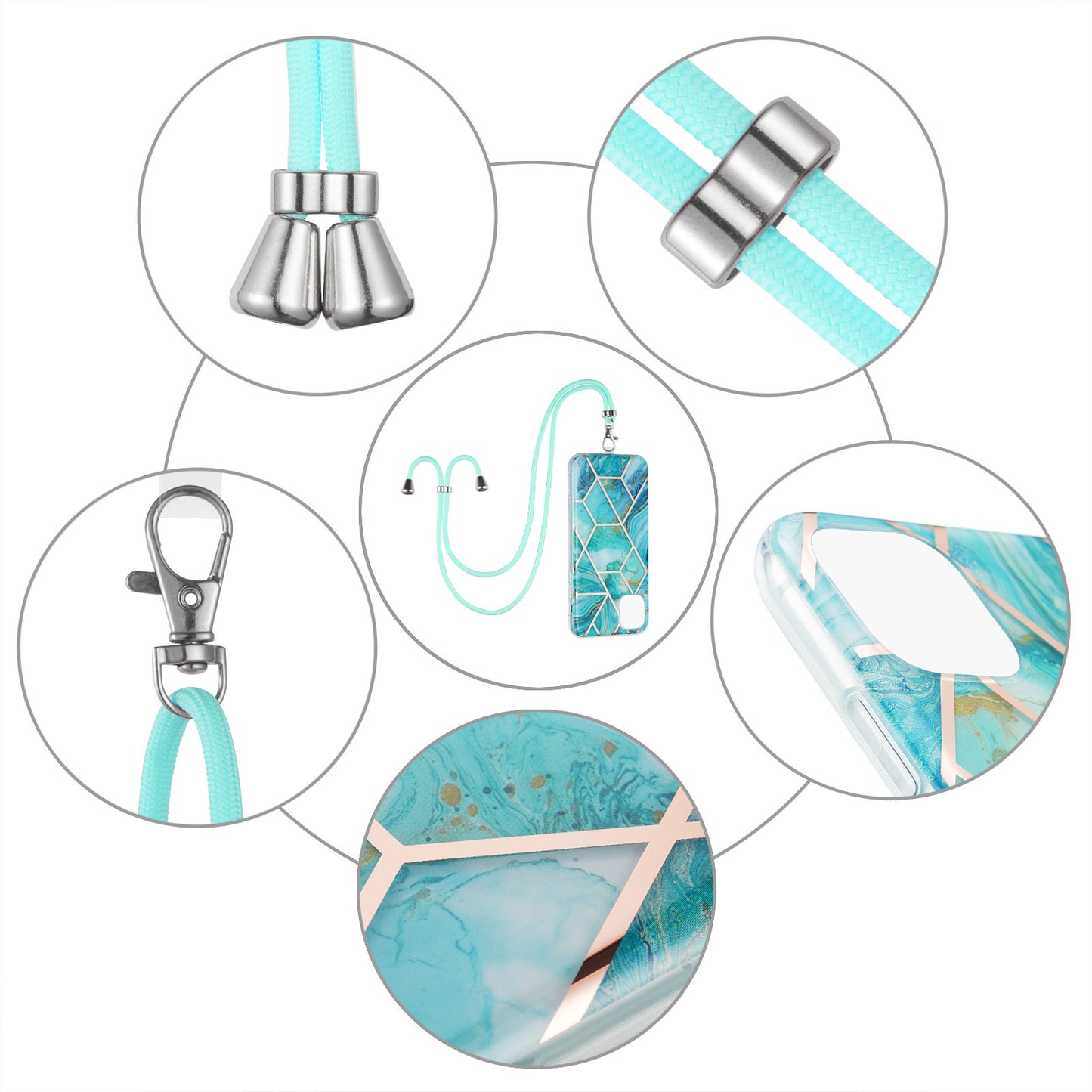 2.0mm Slim Marble Splicing Pattern Double-sided IMD Electroplating Flexible TPU Case with Lanyard for iPhone 13 6.1 inch