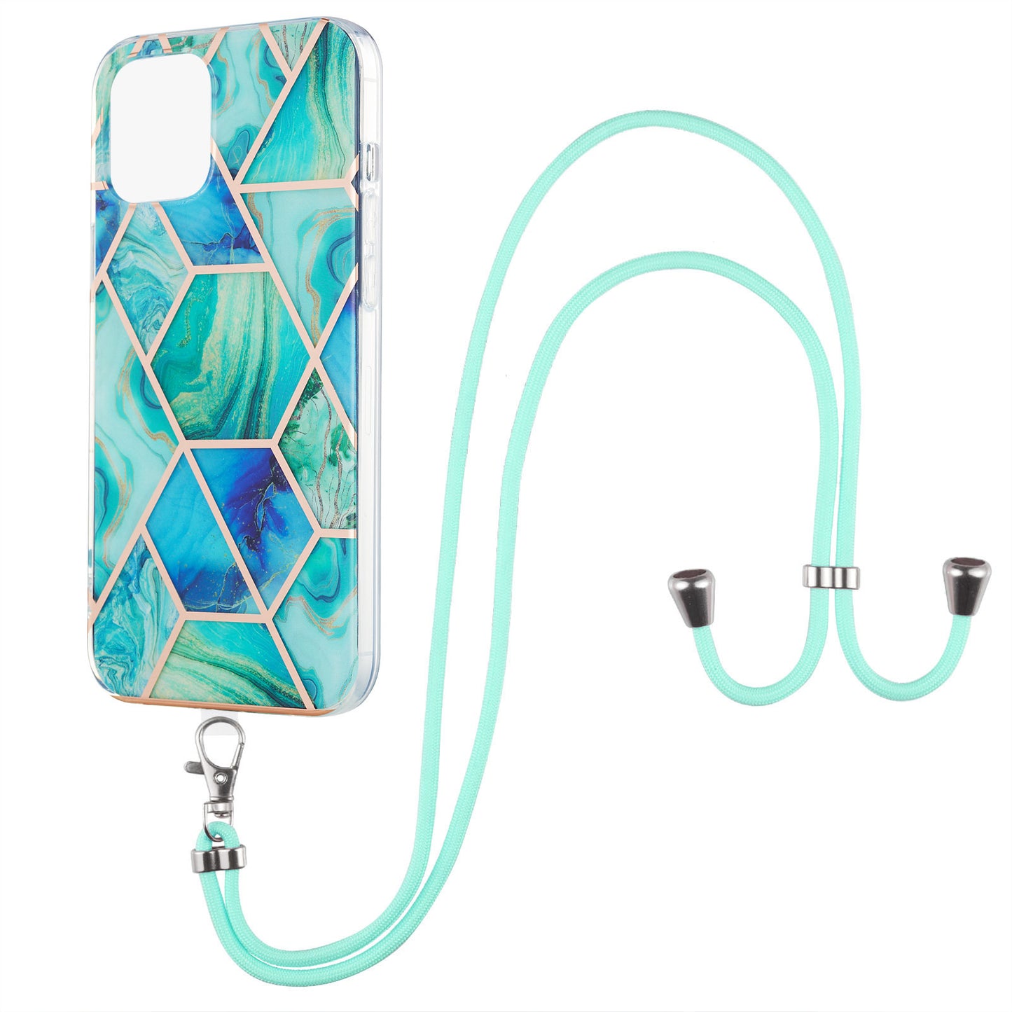 2.0mm Slim Marble Splicing Pattern Double-sided IMD Electroplating Flexible TPU Case with Lanyard for iPhone 13 6.1 inch