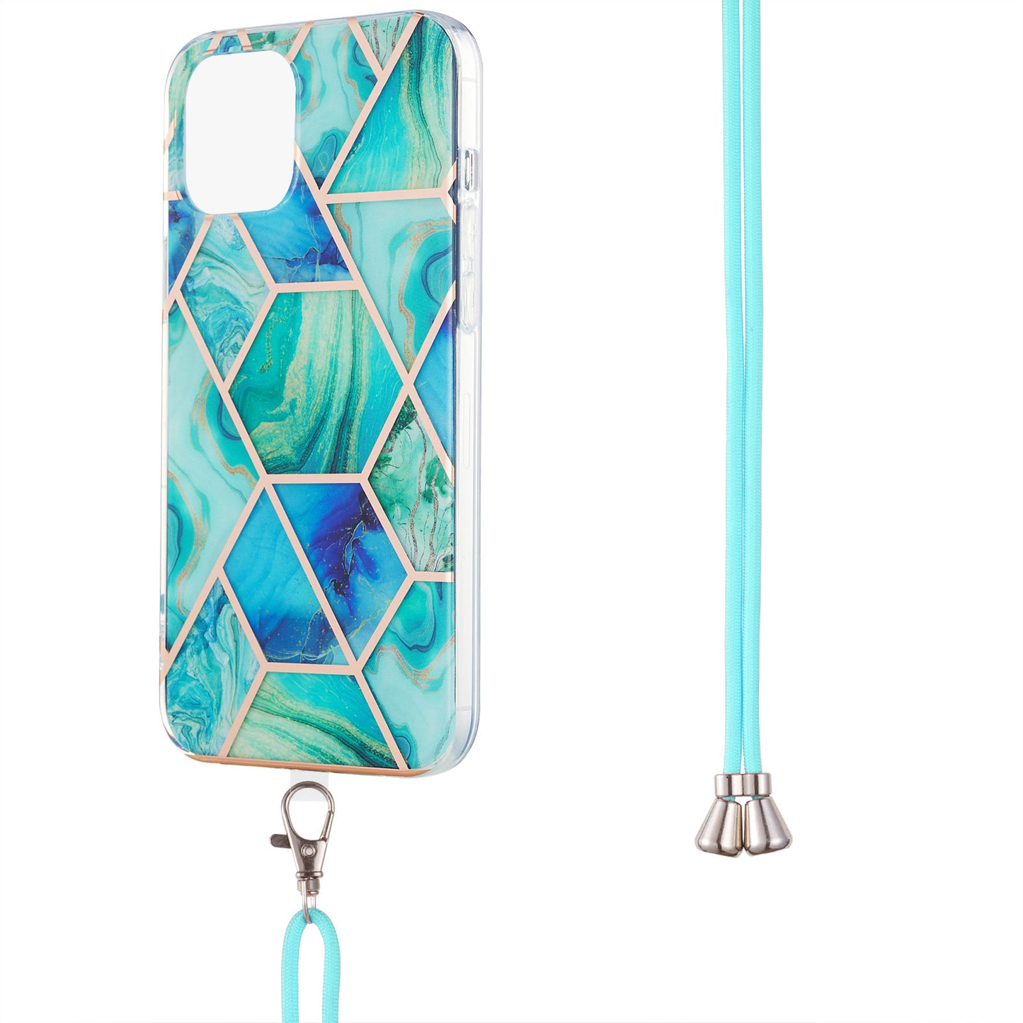 2.0mm Slim Marble Splicing Pattern Double-sided IMD Electroplating Flexible TPU Case with Lanyard for iPhone 13 6.1 inch