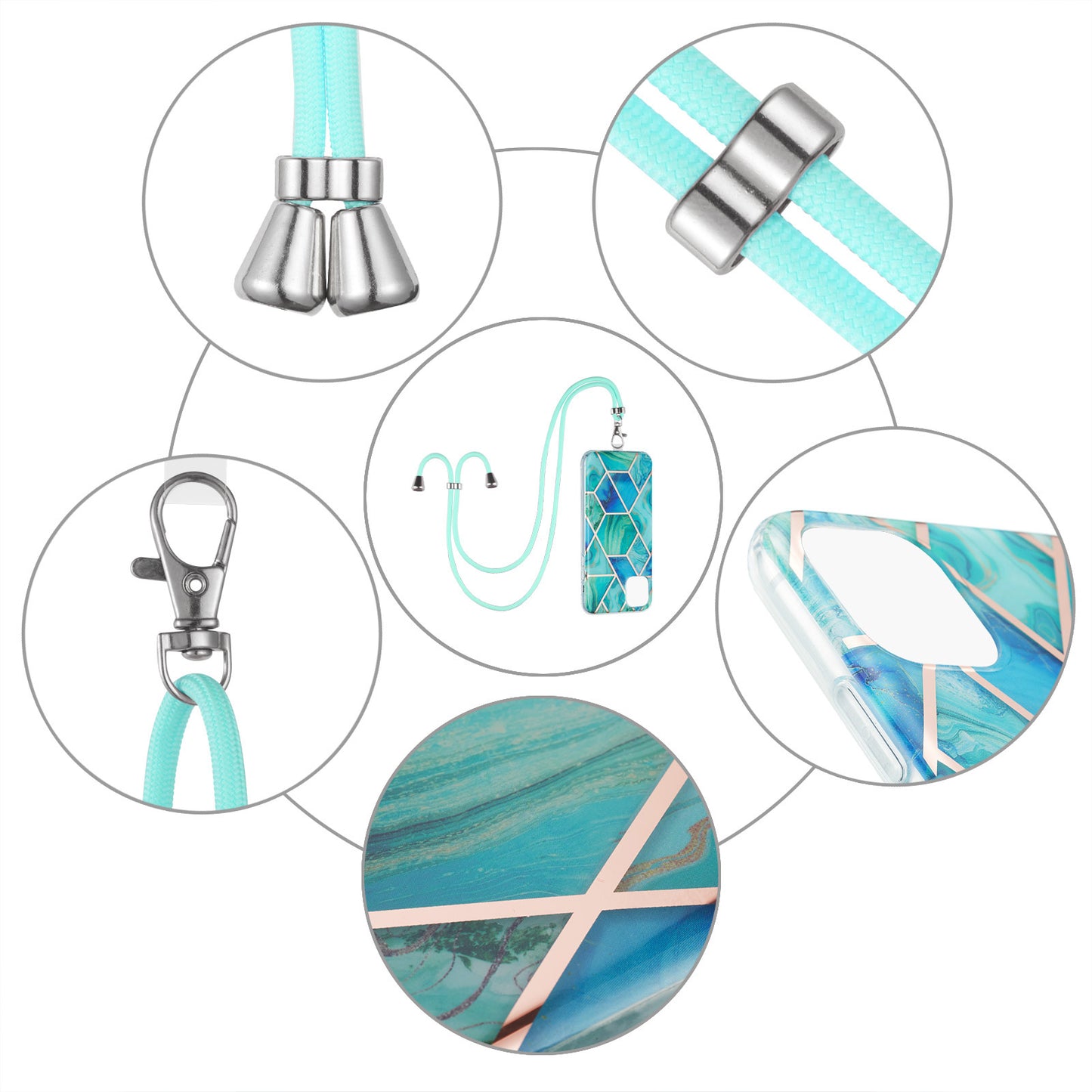 2.0mm Slim Marble Splicing Pattern Double-sided IMD Electroplating Flexible TPU Case with Lanyard for iPhone 13 6.1 inch