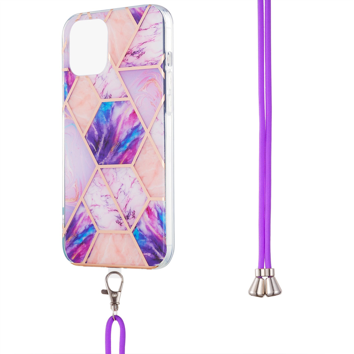 2.0mm Slim Marble Splicing Pattern Double-sided IMD Electroplating Flexible TPU Case with Lanyard for iPhone 13 6.1 inch