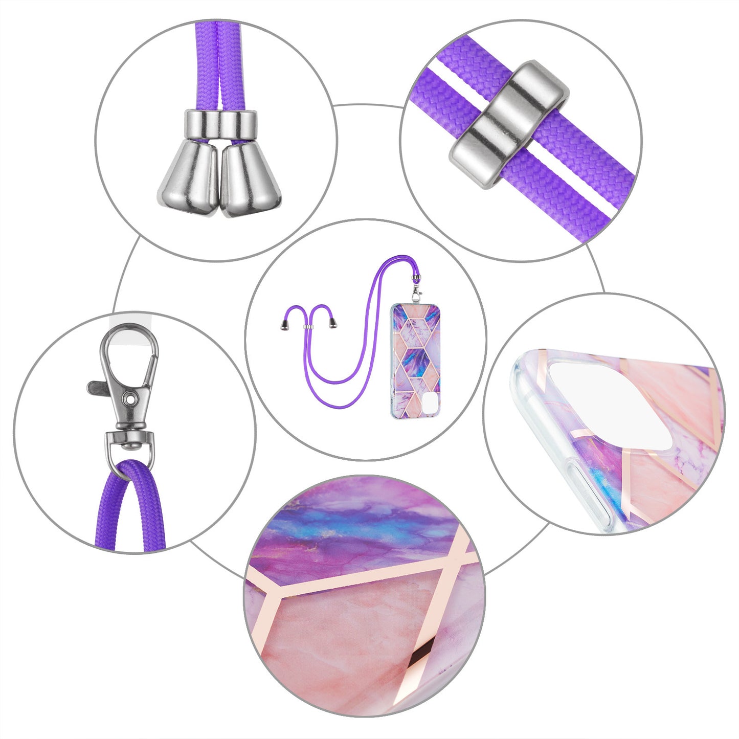 2.0mm Slim Marble Splicing Pattern Double-sided IMD Electroplating Flexible TPU Case with Lanyard for iPhone 13 6.1 inch