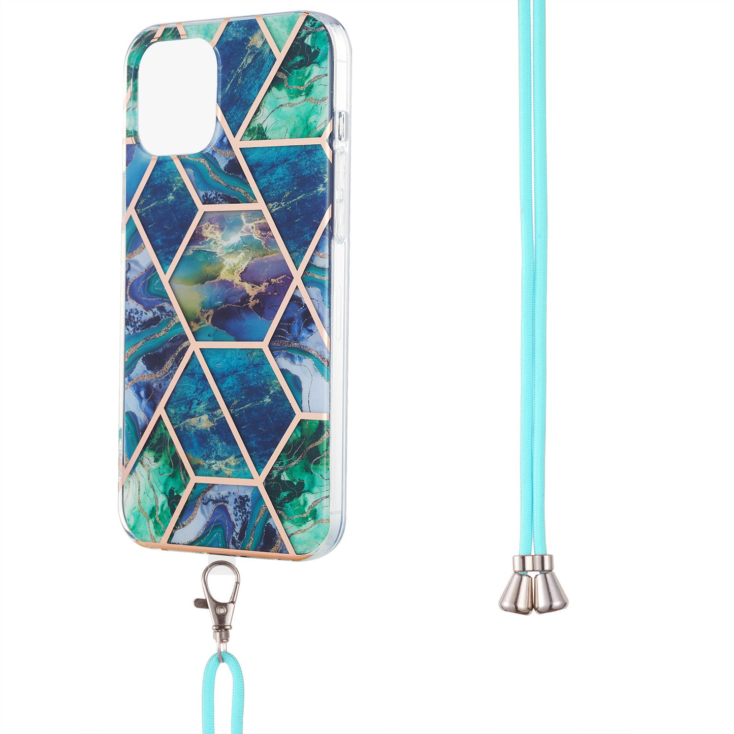 2.0mm Slim Marble Splicing Pattern Double-sided IMD Electroplating Flexible TPU Case with Lanyard for iPhone 13 6.1 inch