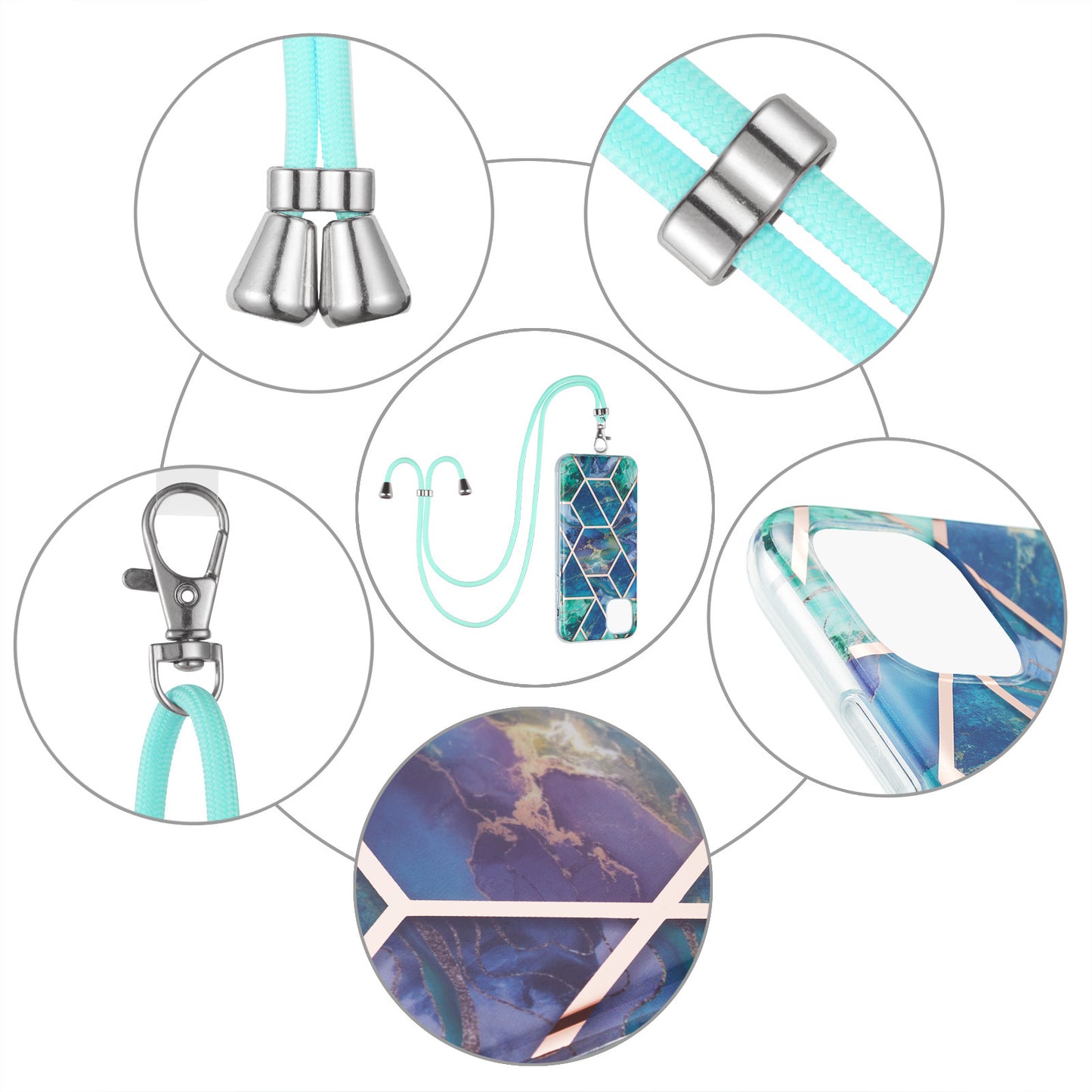 2.0mm Slim Marble Splicing Pattern Double-sided IMD Electroplating Flexible TPU Case with Lanyard for iPhone 13 6.1 inch