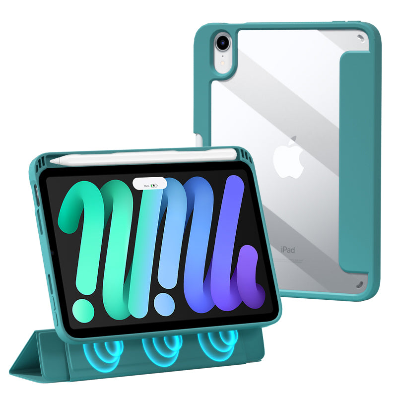For iPad mini (2021) Shockproof Case PU Leather Magnetic Tablet Cover Transparent Back Tablet Protector with Pencil Holder Support Auto Wake/Sleep