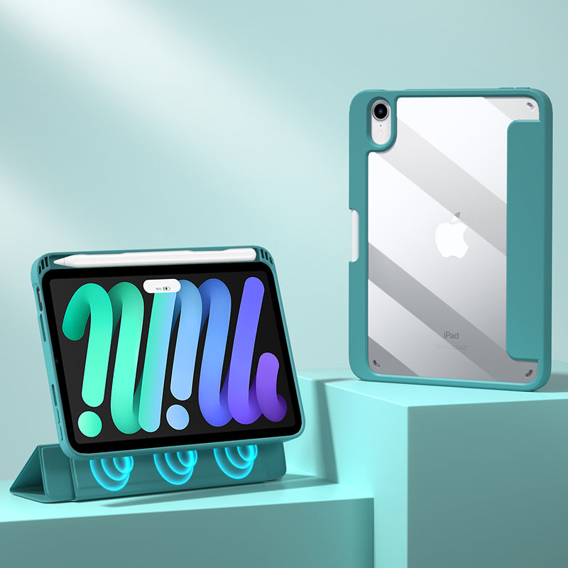 For iPad mini (2021) Shockproof Case PU Leather Magnetic Tablet Cover Transparent Back Tablet Protector with Pencil Holder Support Auto Wake/Sleep