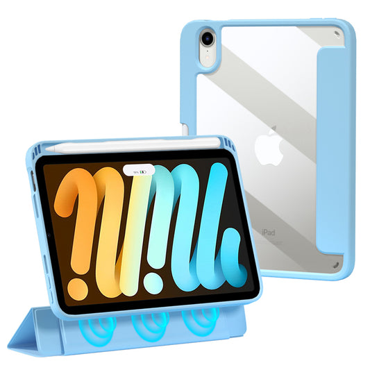 For iPad mini (2021) Shockproof Case PU Leather Magnetic Tablet Cover Transparent Back Tablet Protector with Pencil Holder Support Auto Wake/Sleep