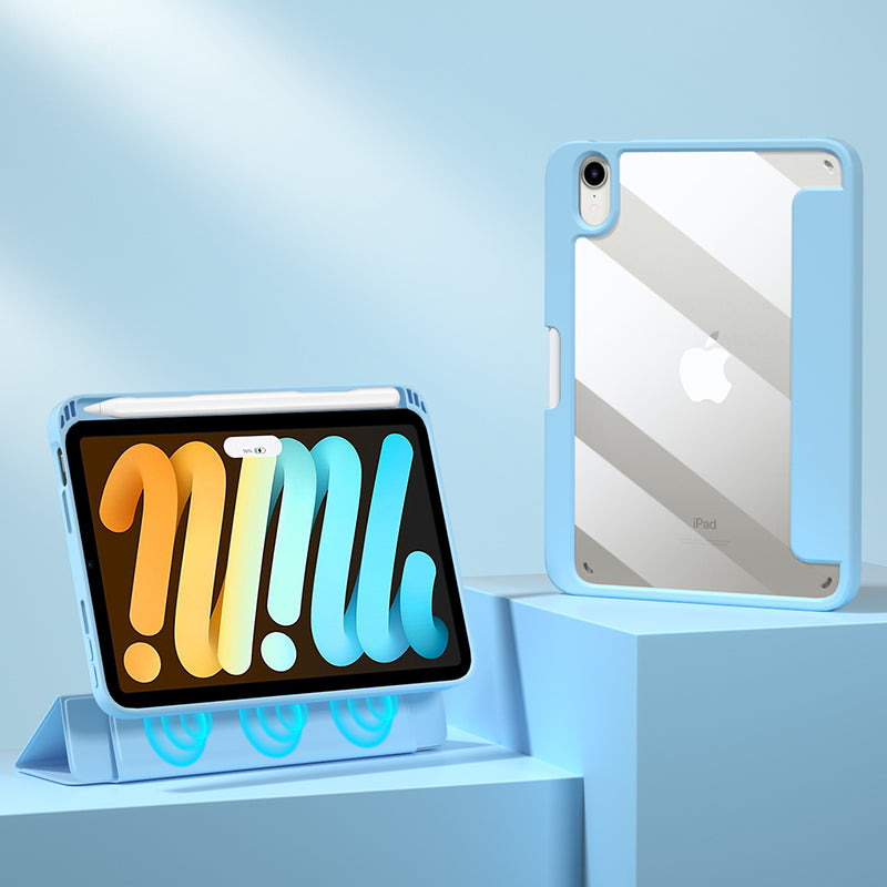 For iPad mini (2021) Shockproof Case PU Leather Magnetic Tablet Cover Transparent Back Tablet Protector with Pencil Holder Support Auto Wake/Sleep