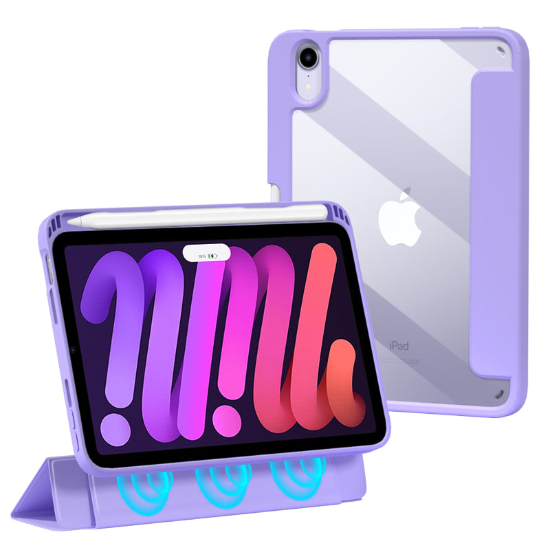 For iPad mini (2021) Shockproof Case PU Leather Magnetic Tablet Cover Transparent Back Tablet Protector with Pencil Holder Support Auto Wake/Sleep