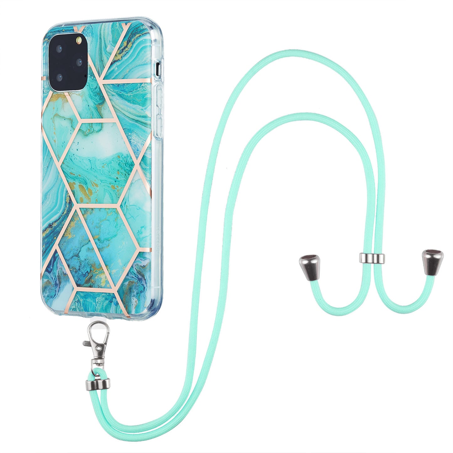 2.0mm TPU Phone Cover Scratch-Resistant Electroplating IMD Marble Splicing Pattern + Lanyard for iPhone 11 Pro 5.8 inch