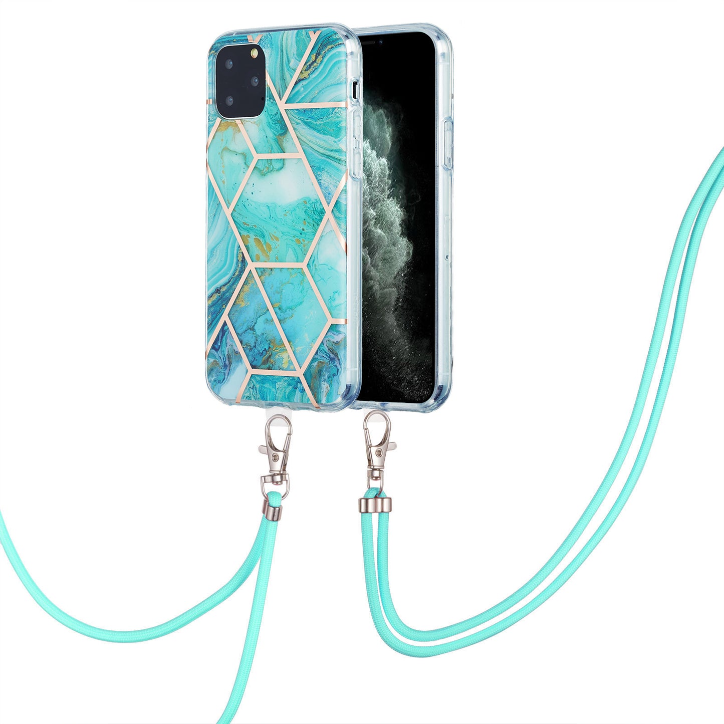 2.0mm TPU Phone Cover Scratch-Resistant Electroplating IMD Marble Splicing Pattern + Lanyard for iPhone 11 Pro 5.8 inch