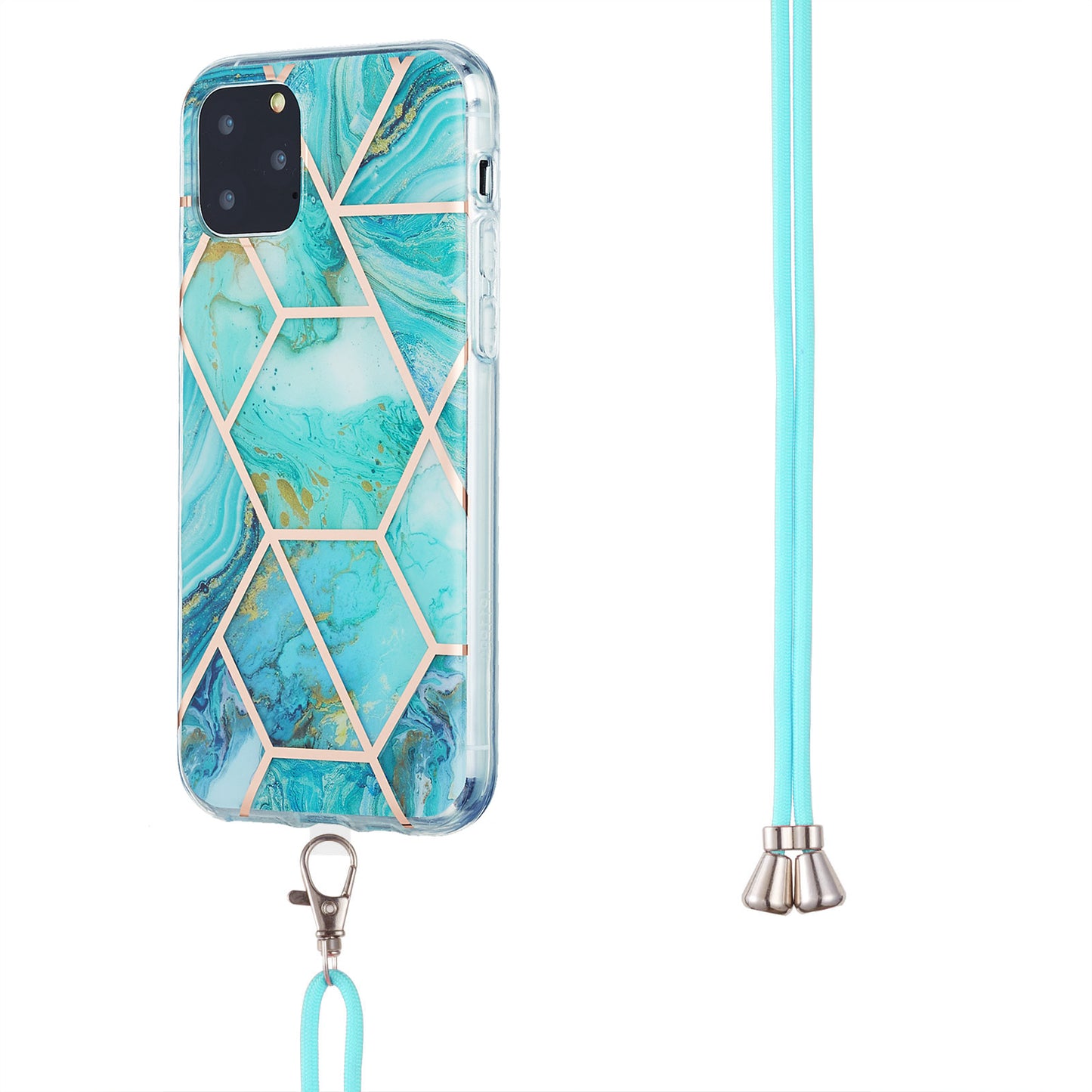 2.0mm TPU Phone Cover Scratch-Resistant Electroplating IMD Marble Splicing Pattern + Lanyard for iPhone 11 Pro 5.8 inch