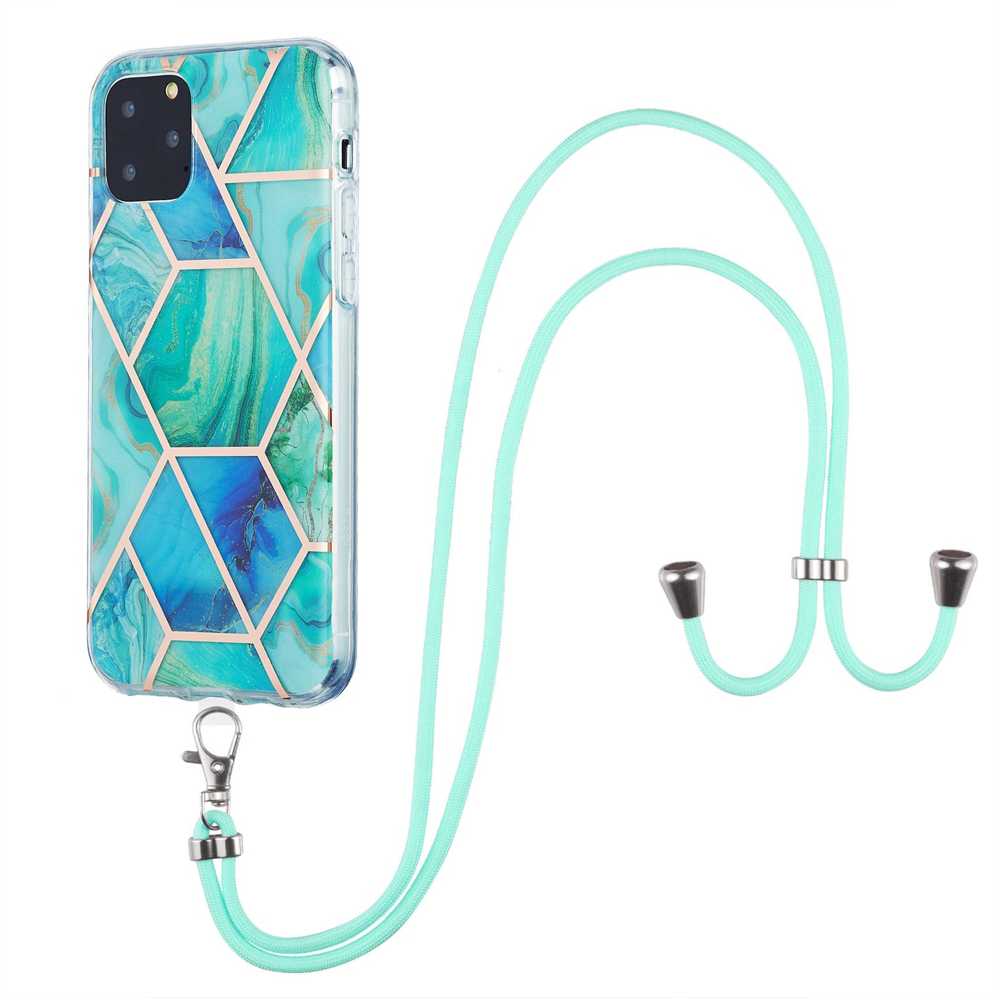 2.0mm TPU Phone Cover Scratch-Resistant Electroplating IMD Marble Splicing Pattern + Lanyard for iPhone 11 Pro 5.8 inch