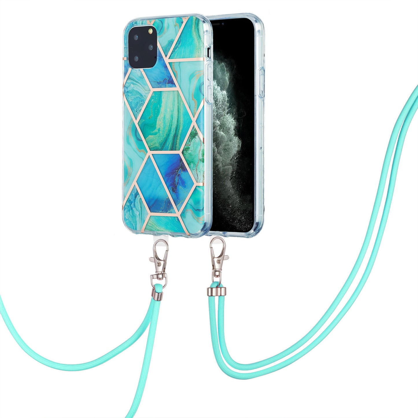 2.0mm TPU Phone Cover Scratch-Resistant Electroplating IMD Marble Splicing Pattern + Lanyard for iPhone 11 Pro 5.8 inch