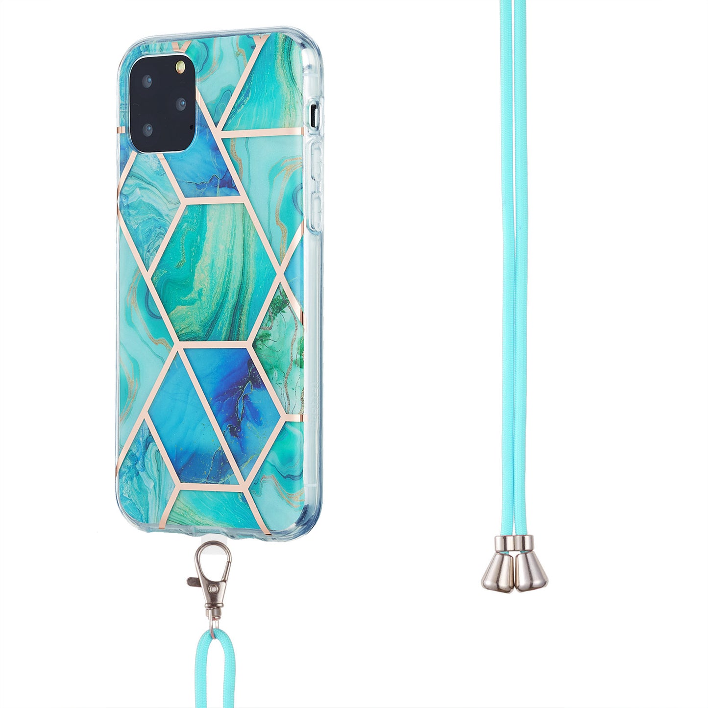 2.0mm TPU Phone Cover Scratch-Resistant Electroplating IMD Marble Splicing Pattern + Lanyard for iPhone 11 Pro 5.8 inch