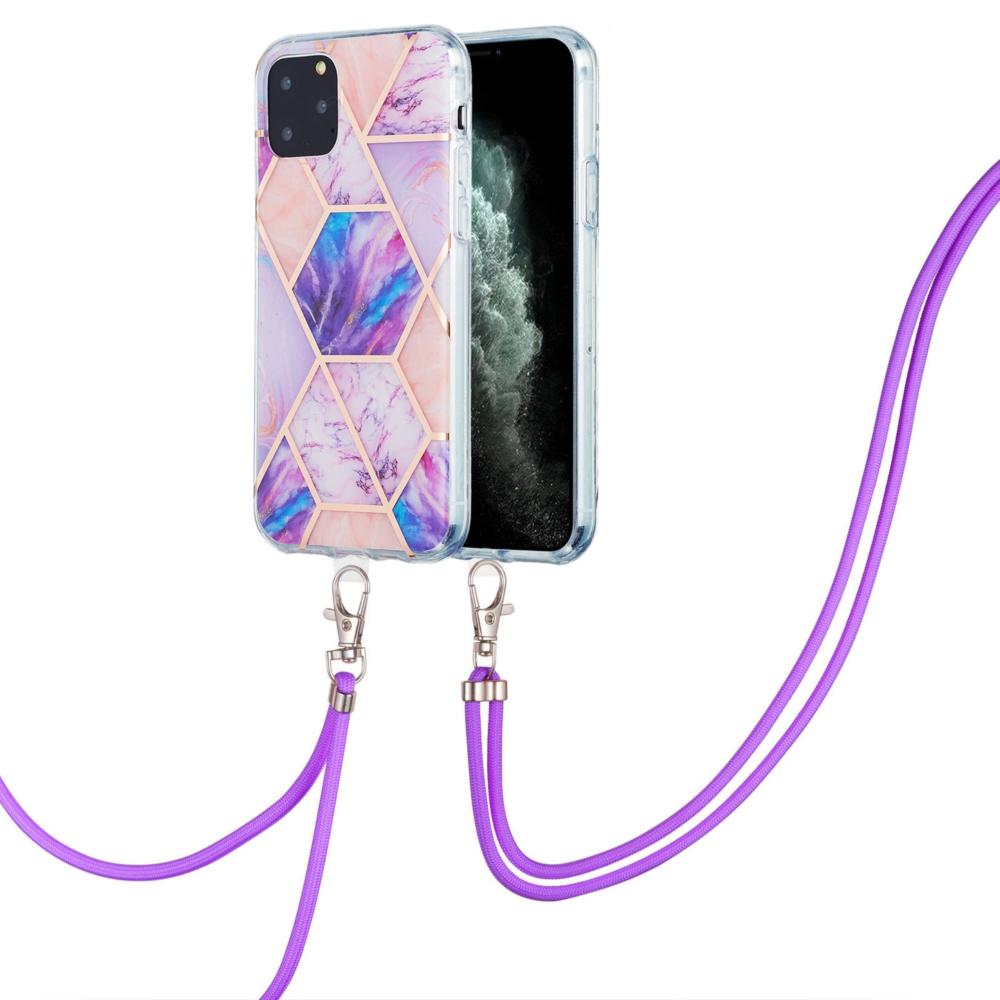 2.0mm TPU Phone Cover Scratch-Resistant Electroplating IMD Marble Splicing Pattern + Lanyard for iPhone 11 Pro 5.8 inch