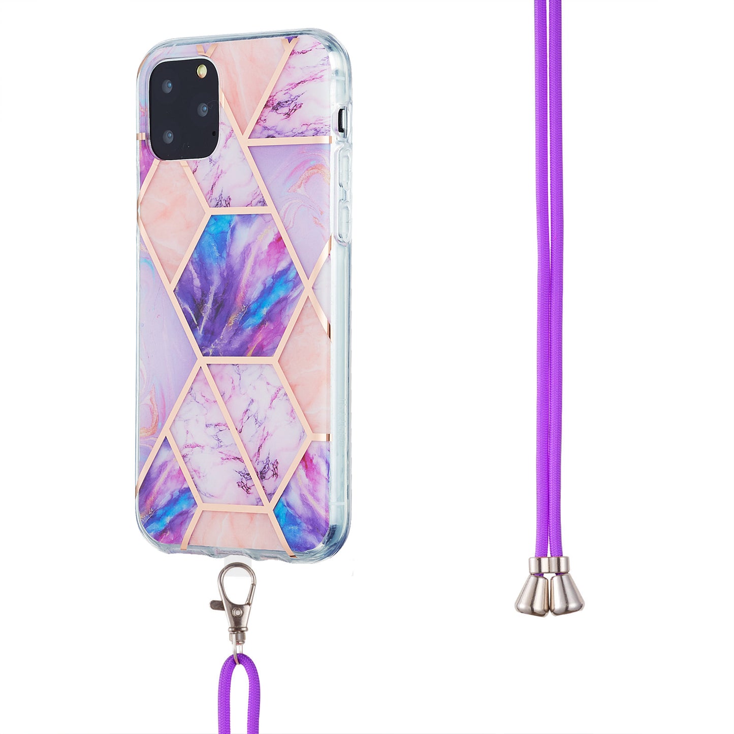 2.0mm TPU Phone Cover Scratch-Resistant Electroplating IMD Marble Splicing Pattern + Lanyard for iPhone 11 Pro 5.8 inch