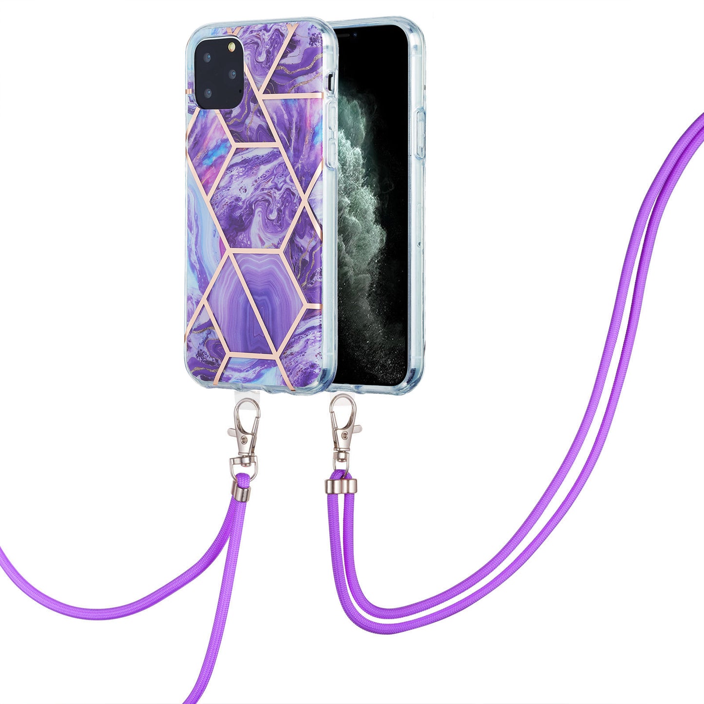 2.0mm TPU Phone Cover Scratch-Resistant Electroplating IMD Marble Splicing Pattern + Lanyard for iPhone 11 Pro 5.8 inch