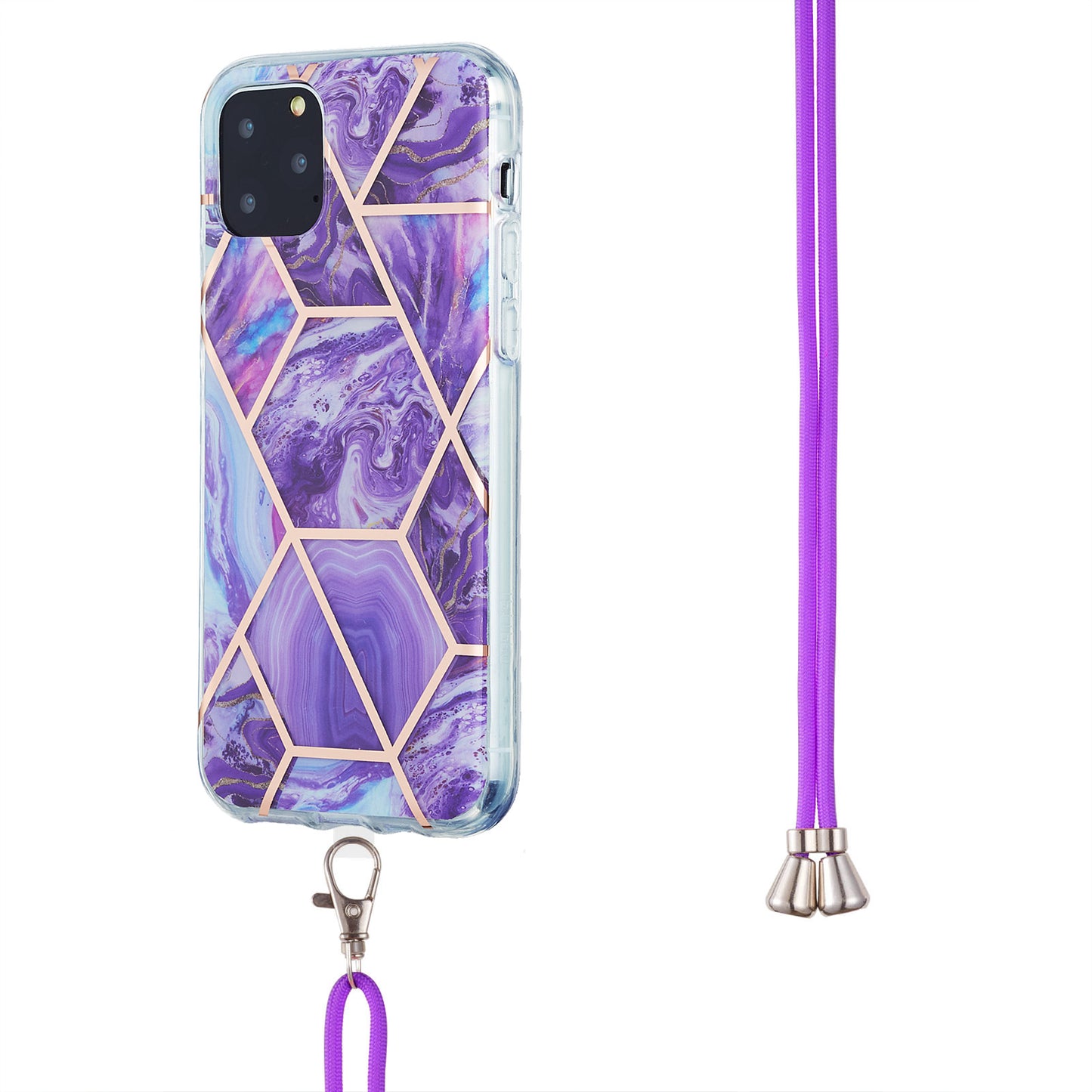 2.0mm TPU Phone Cover Scratch-Resistant Electroplating IMD Marble Splicing Pattern + Lanyard for iPhone 11 Pro 5.8 inch