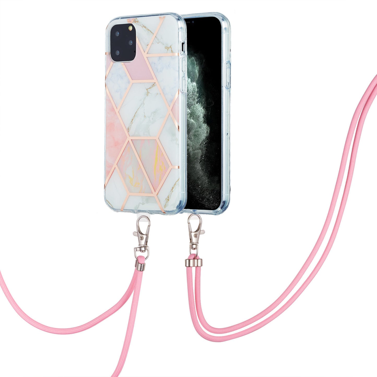 2.0mm TPU Phone Cover Scratch-Resistant Electroplating IMD Marble Splicing Pattern + Lanyard for iPhone 11 Pro 5.8 inch