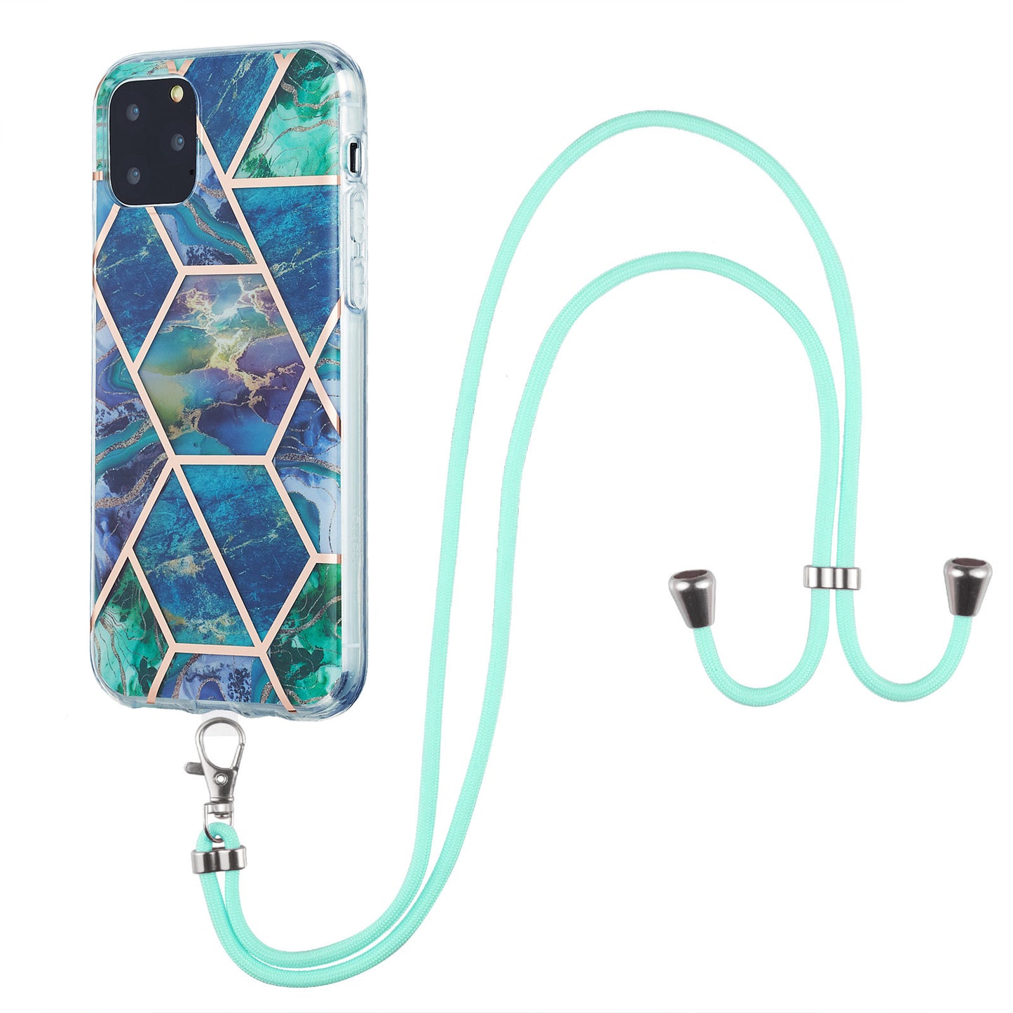 2.0mm TPU Phone Cover Scratch-Resistant Electroplating IMD Marble Splicing Pattern + Lanyard for iPhone 11 Pro 5.8 inch