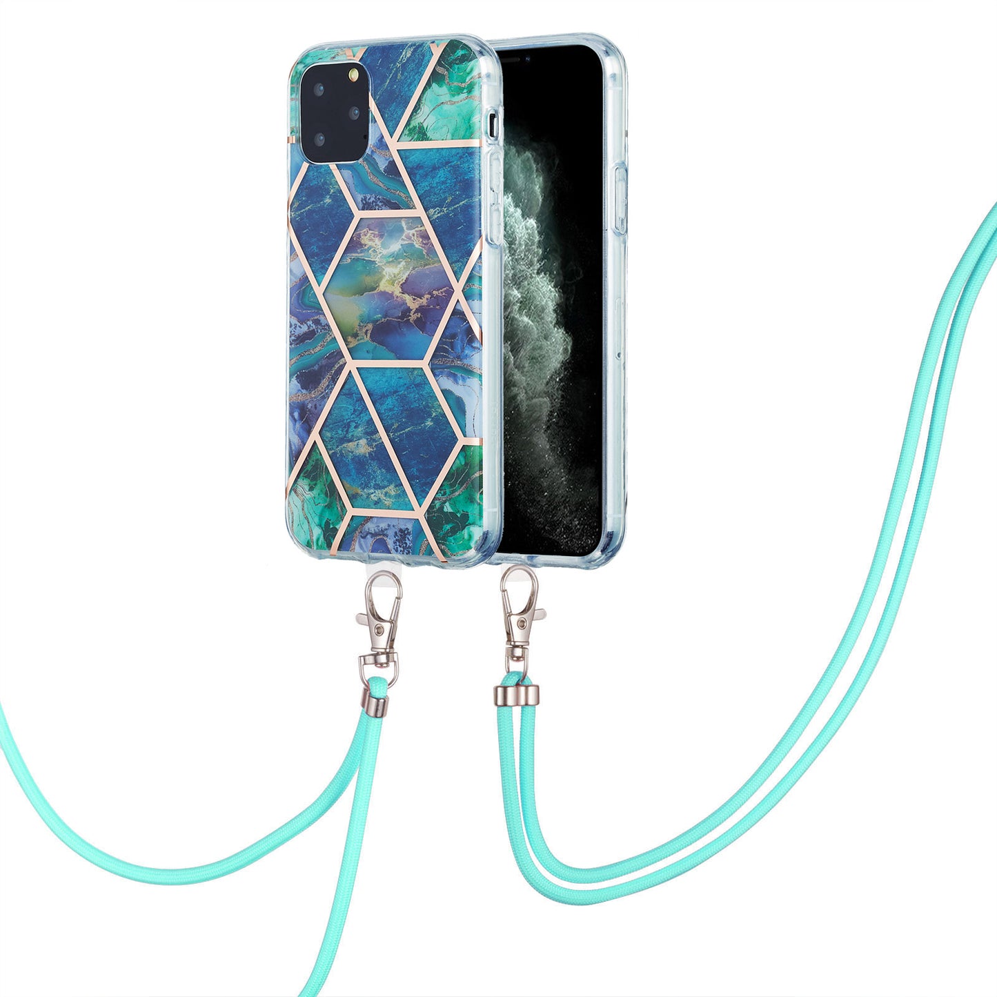 2.0mm TPU Phone Cover Scratch-Resistant Electroplating IMD Marble Splicing Pattern + Lanyard for iPhone 11 Pro 5.8 inch