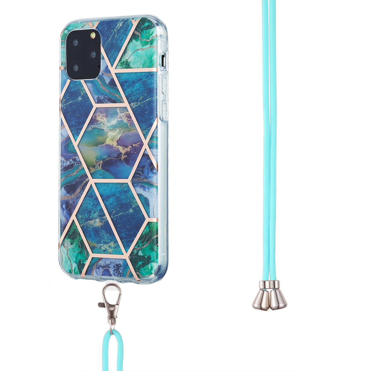 2.0mm TPU Phone Cover Scratch-Resistant Electroplating IMD Marble Splicing Pattern + Lanyard for iPhone 11 Pro 5.8 inch