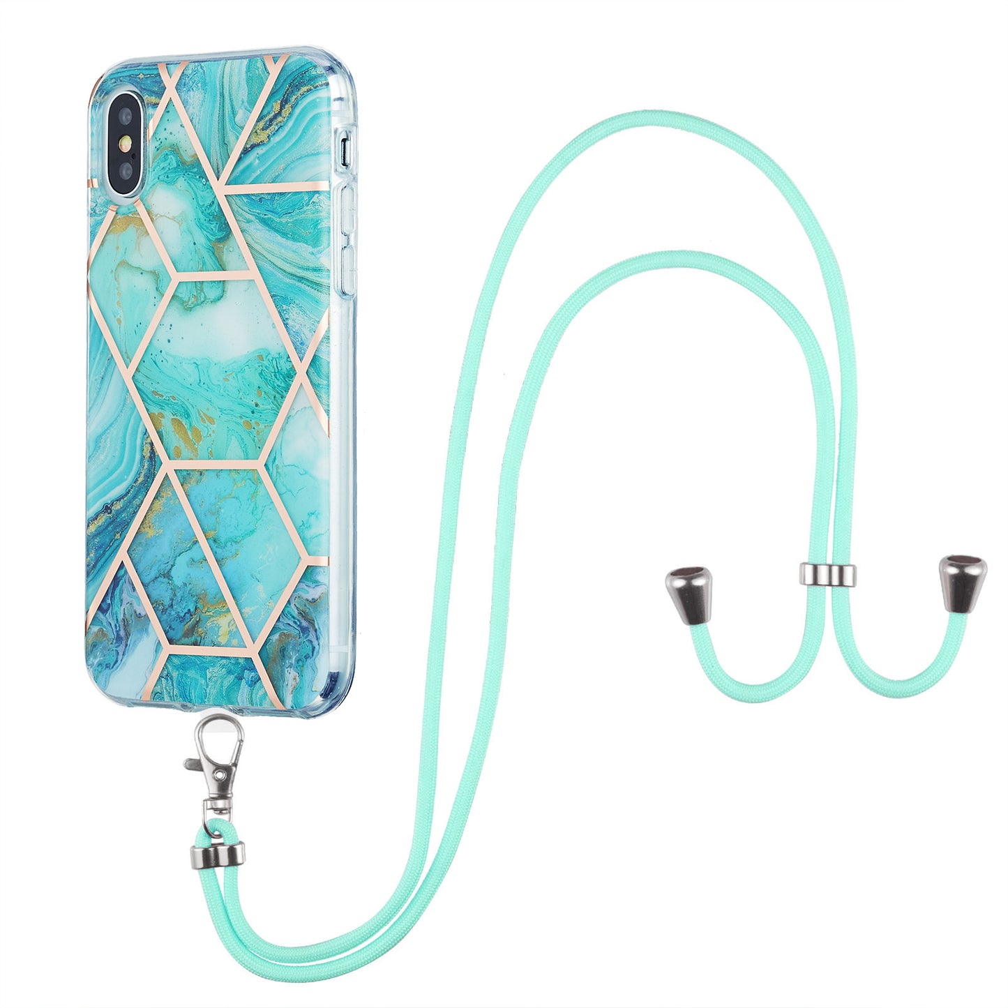 2.0mm IMD TPU Phone Cover + Lanyard Splicing Marble Pattern Electroplating Ultra Slim Case for iPhone X/XS 5.8 inch