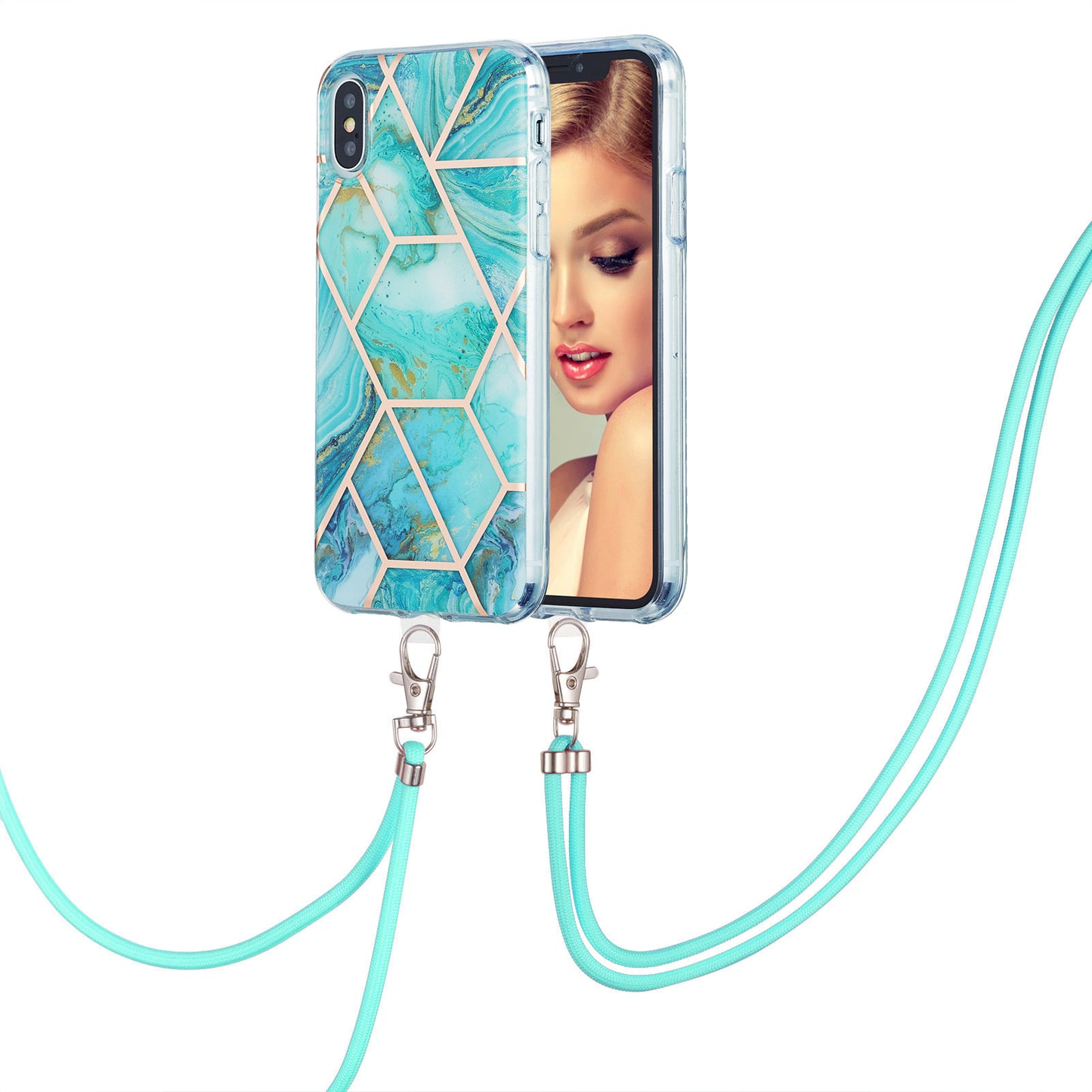 2.0mm IMD TPU Phone Cover + Lanyard Splicing Marble Pattern Electroplating Ultra Slim Case for iPhone X/XS 5.8 inch