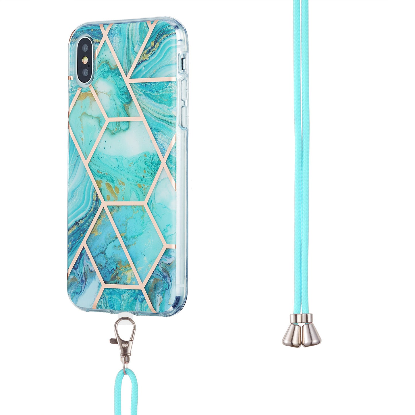 2.0mm IMD TPU Phone Cover + Lanyard Splicing Marble Pattern Electroplating Ultra Slim Case for iPhone X/XS 5.8 inch