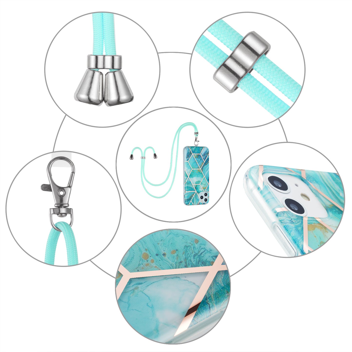2.0mm IMD TPU Phone Cover + Lanyard Splicing Marble Pattern Electroplating Ultra Slim Case for iPhone X/XS 5.8 inch