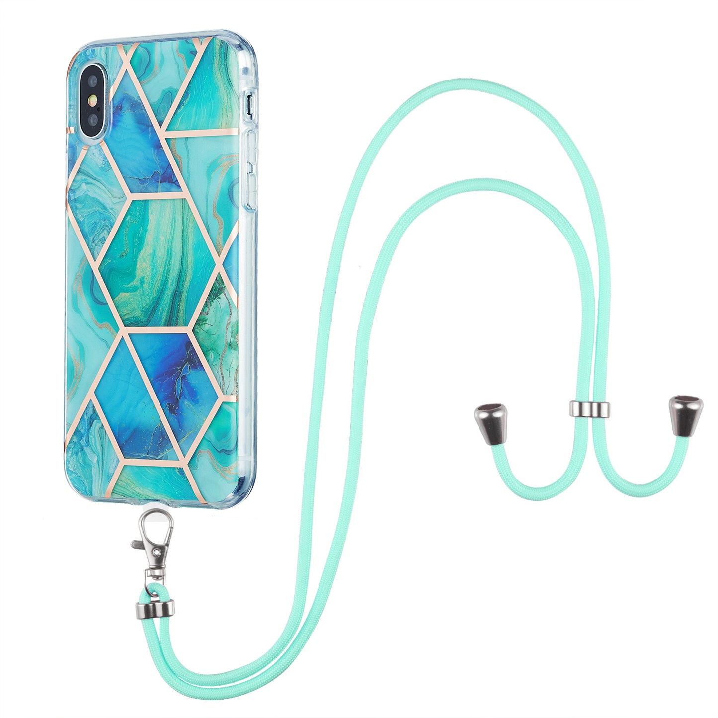2.0mm IMD TPU Phone Cover + Lanyard Splicing Marble Pattern Electroplating Ultra Slim Case for iPhone X/XS 5.8 inch