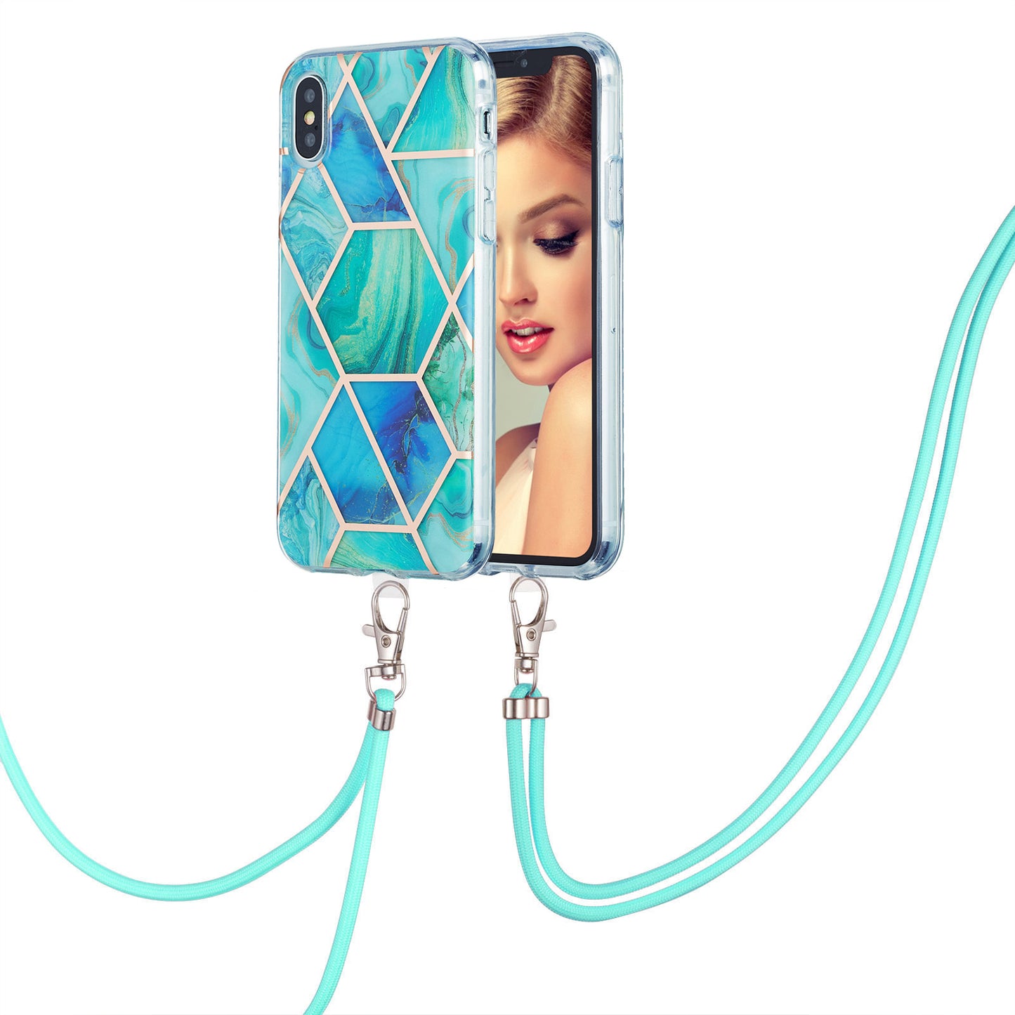 2.0mm IMD TPU Phone Cover + Lanyard Splicing Marble Pattern Electroplating Ultra Slim Case for iPhone X/XS 5.8 inch
