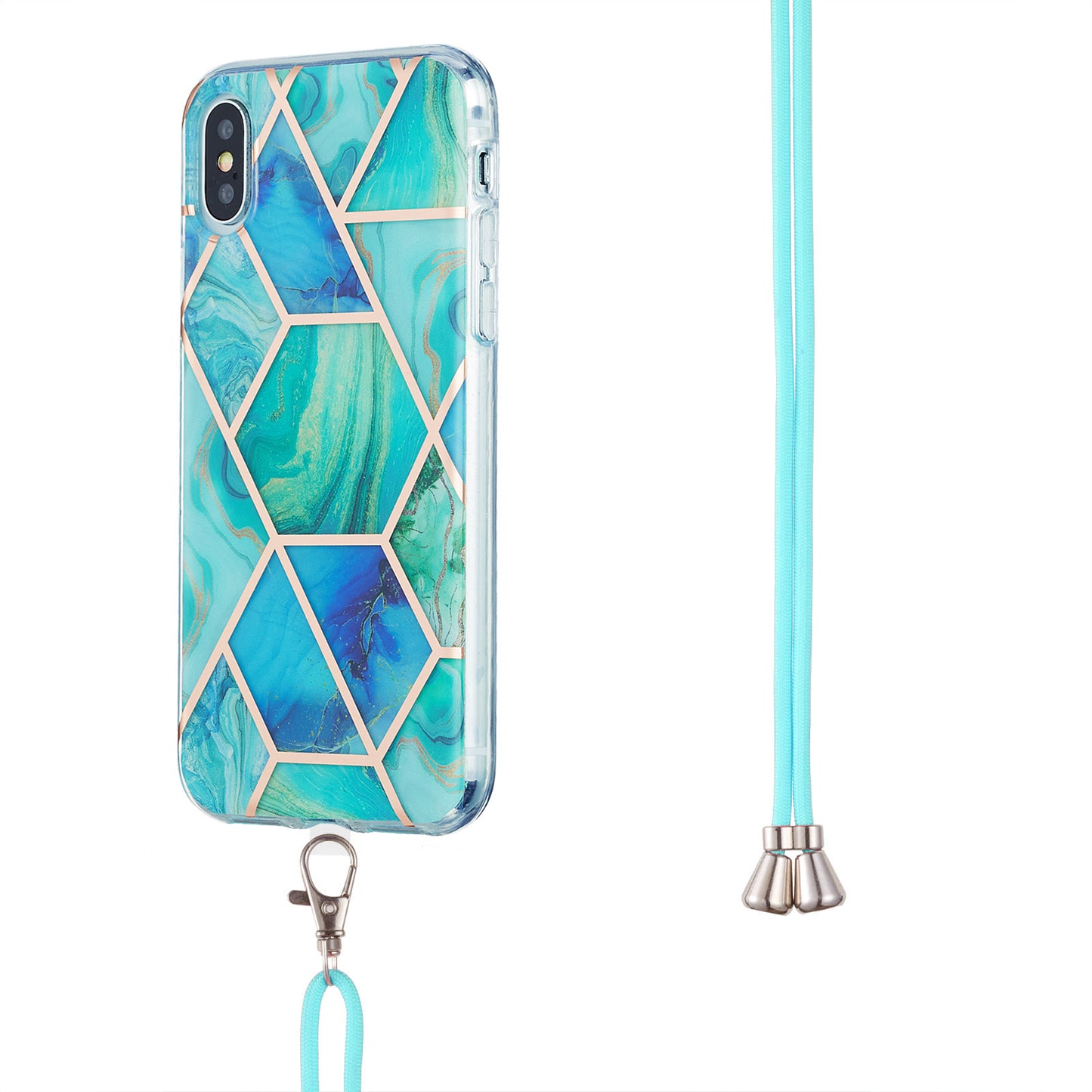 2.0mm IMD TPU Phone Cover + Lanyard Splicing Marble Pattern Electroplating Ultra Slim Case for iPhone X/XS 5.8 inch