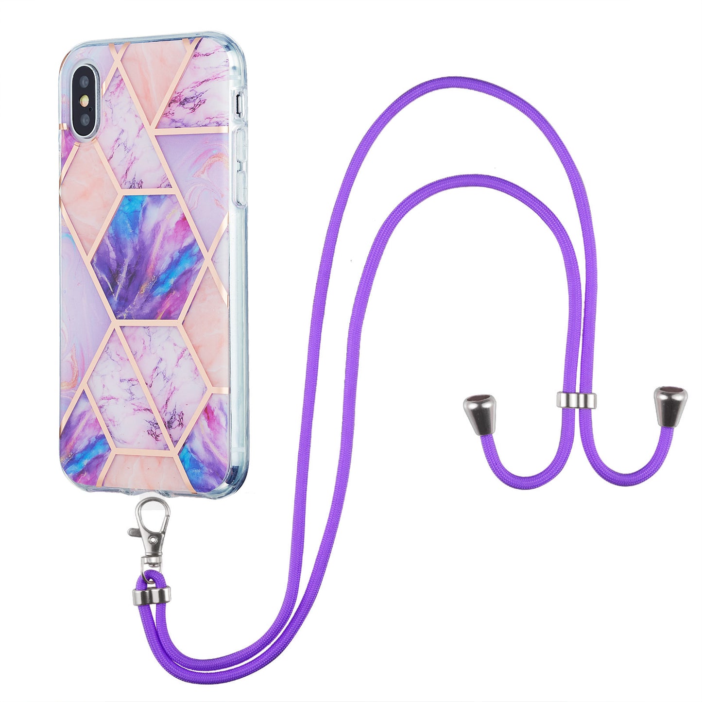 2.0mm IMD TPU Phone Cover + Lanyard Splicing Marble Pattern Electroplating Ultra Slim Case for iPhone X/XS 5.8 inch