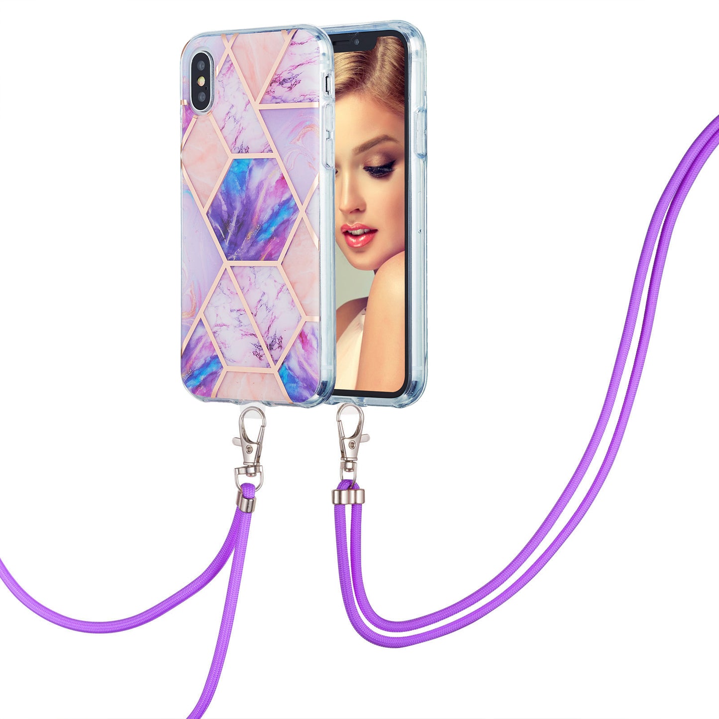 2.0mm IMD TPU Phone Cover + Lanyard Splicing Marble Pattern Electroplating Ultra Slim Case for iPhone X/XS 5.8 inch