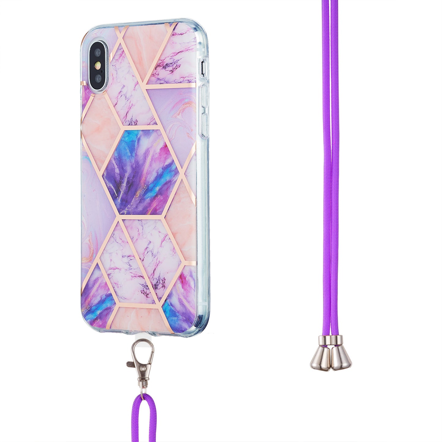 2.0mm IMD TPU Phone Cover + Lanyard Splicing Marble Pattern Electroplating Ultra Slim Case for iPhone X/XS 5.8 inch
