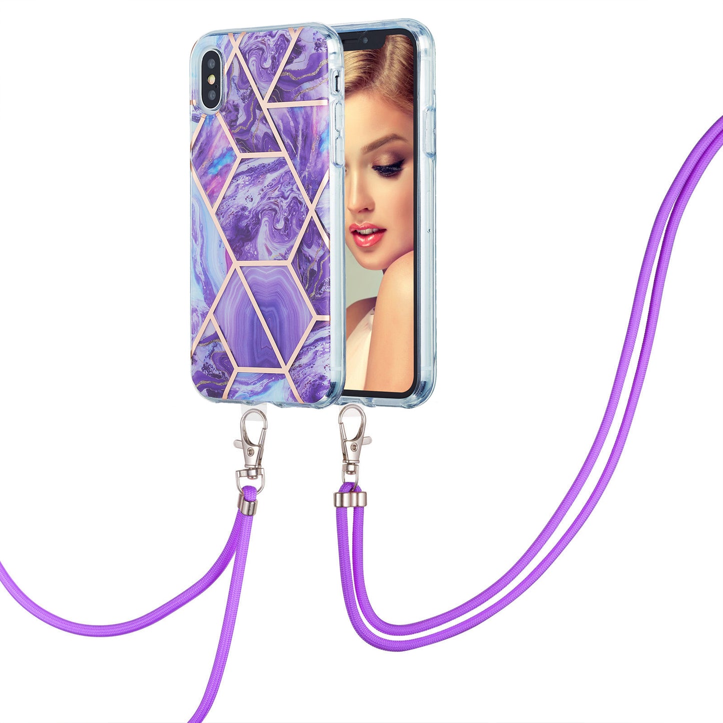2.0mm IMD TPU Phone Cover + Lanyard Splicing Marble Pattern Electroplating Ultra Slim Case for iPhone X/XS 5.8 inch