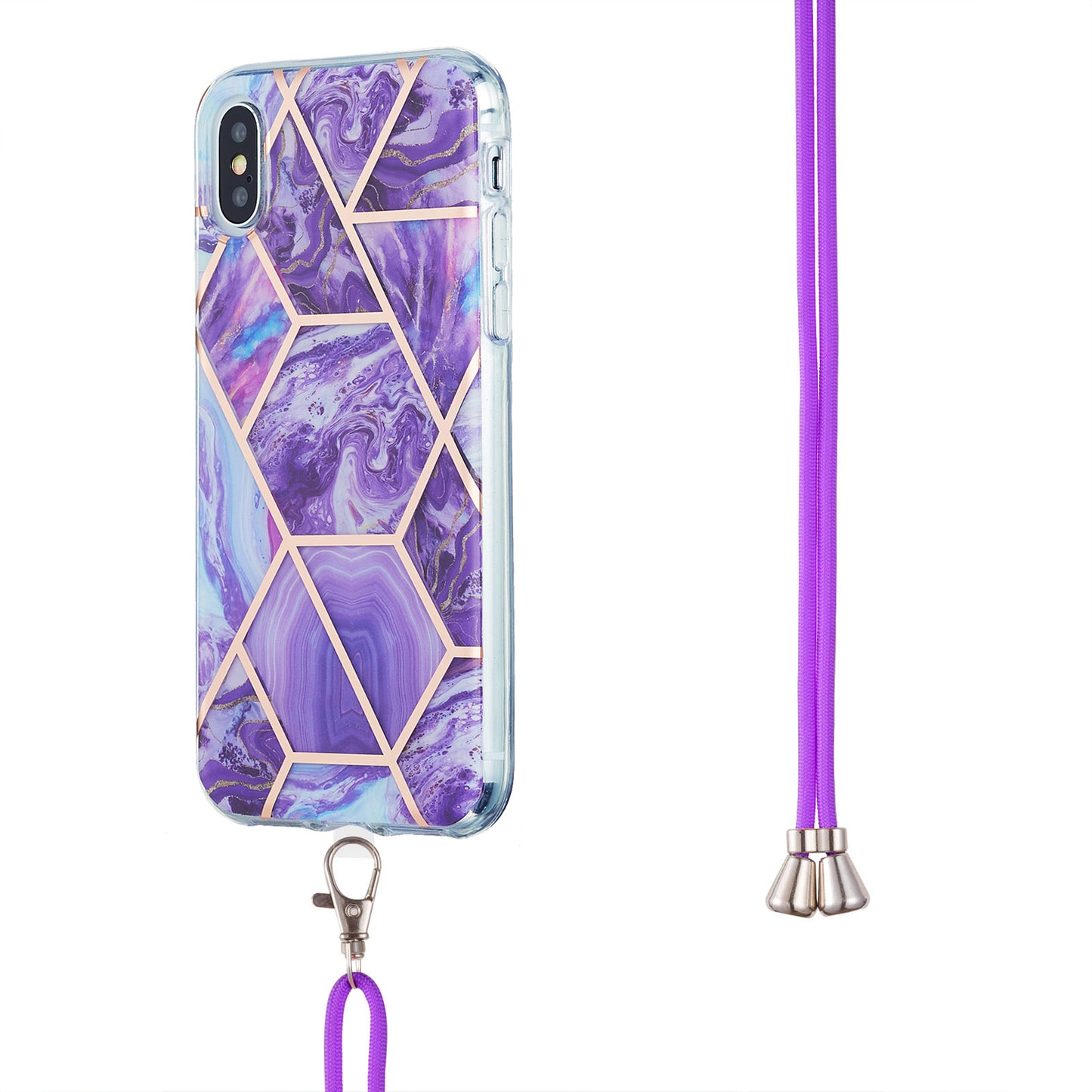 2.0mm IMD TPU Phone Cover + Lanyard Splicing Marble Pattern Electroplating Ultra Slim Case for iPhone X/XS 5.8 inch