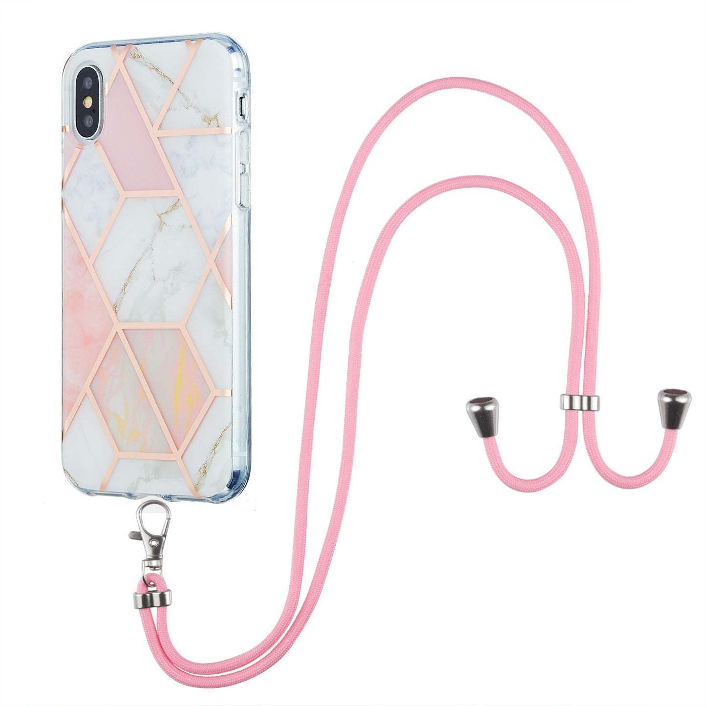 2.0mm IMD TPU Phone Cover + Lanyard Splicing Marble Pattern Electroplating Ultra Slim Case for iPhone X/XS 5.8 inch