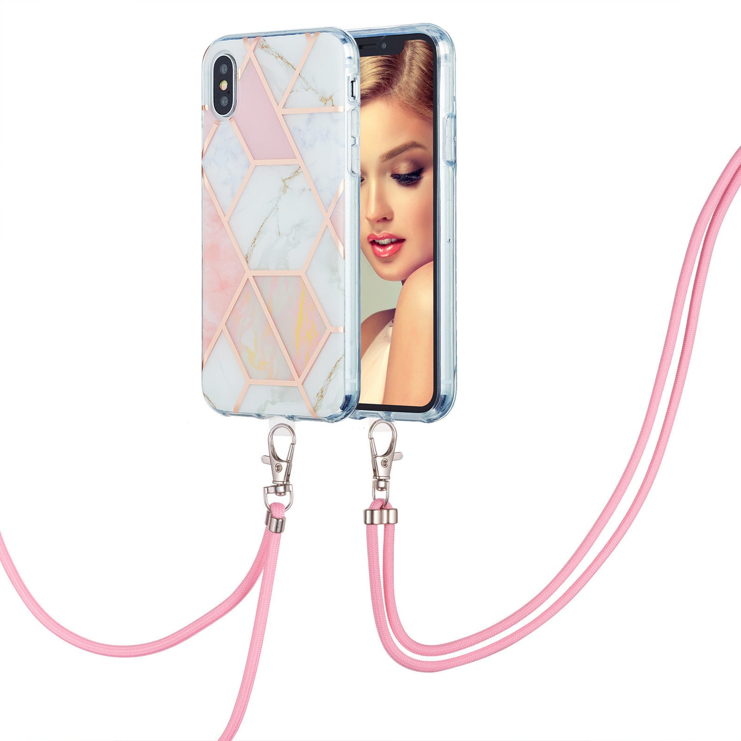 2.0mm IMD TPU Phone Cover + Lanyard Splicing Marble Pattern Electroplating Ultra Slim Case for iPhone X/XS 5.8 inch