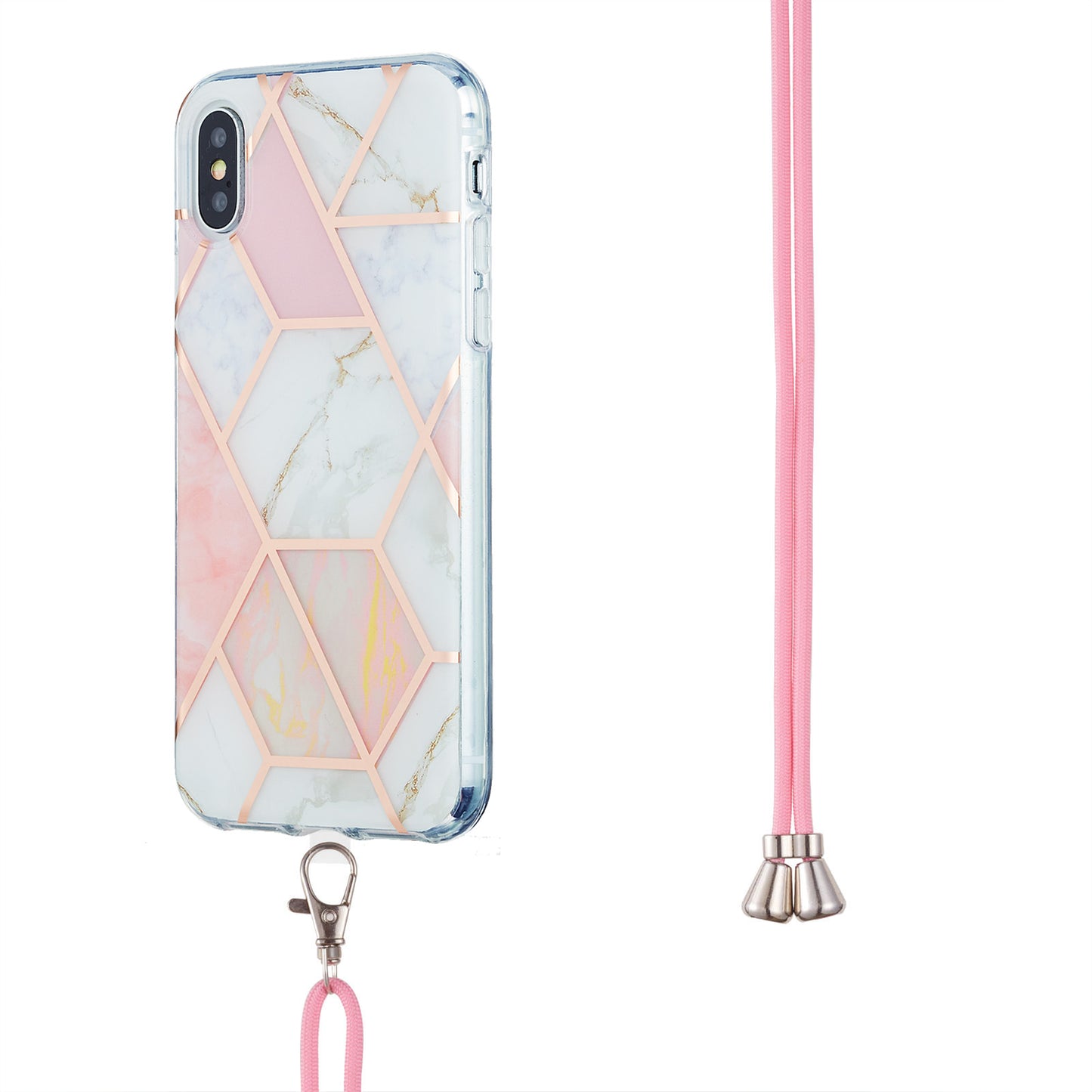 2.0mm IMD TPU Phone Cover + Lanyard Splicing Marble Pattern Electroplating Ultra Slim Case for iPhone X/XS 5.8 inch