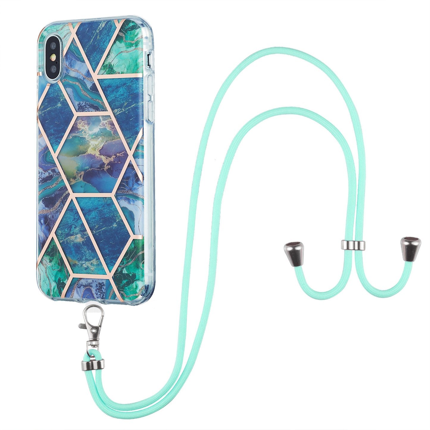2.0mm IMD TPU Phone Cover + Lanyard Splicing Marble Pattern Electroplating Ultra Slim Case for iPhone X/XS 5.8 inch