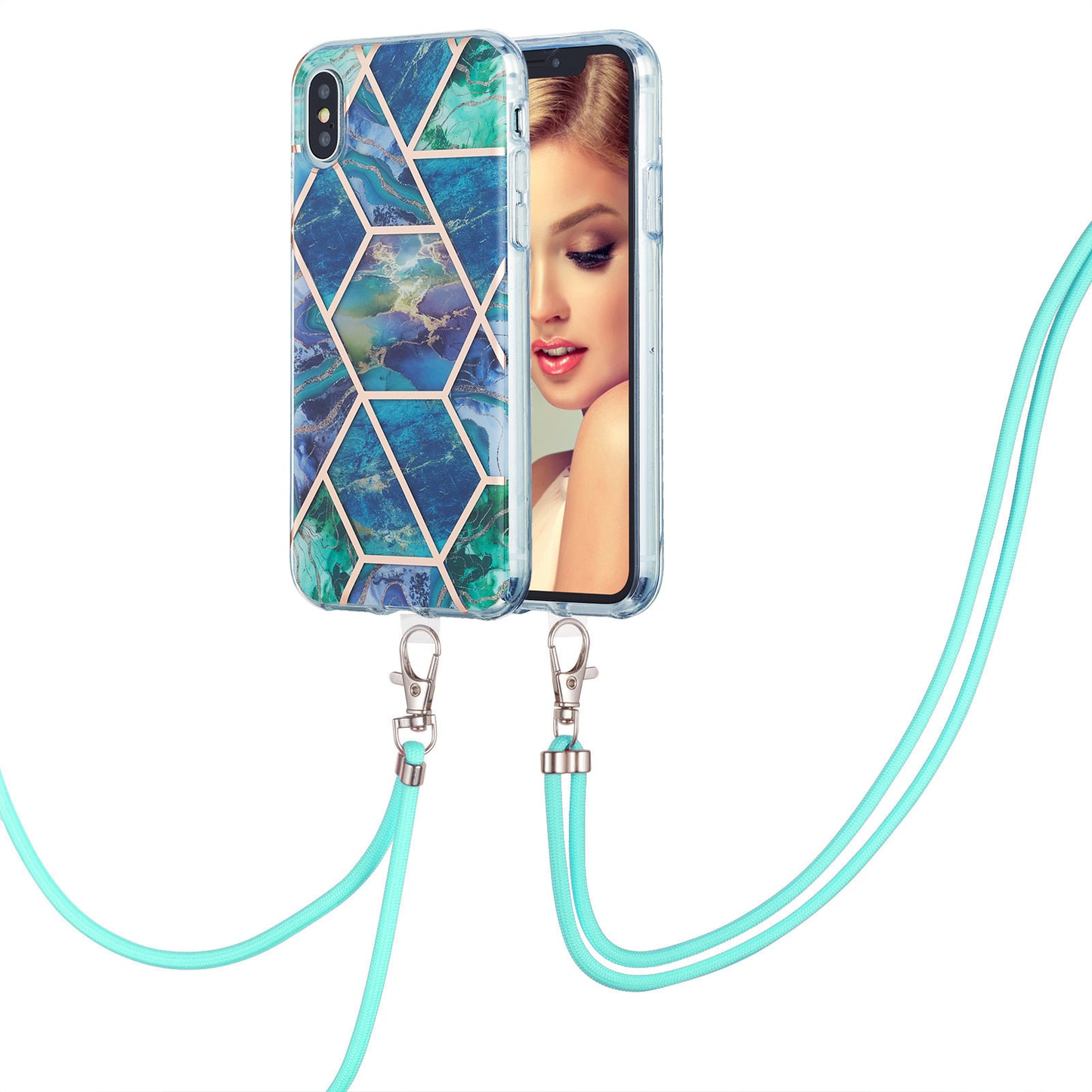 2.0mm IMD TPU Phone Cover + Lanyard Splicing Marble Pattern Electroplating Ultra Slim Case for iPhone X/XS 5.8 inch