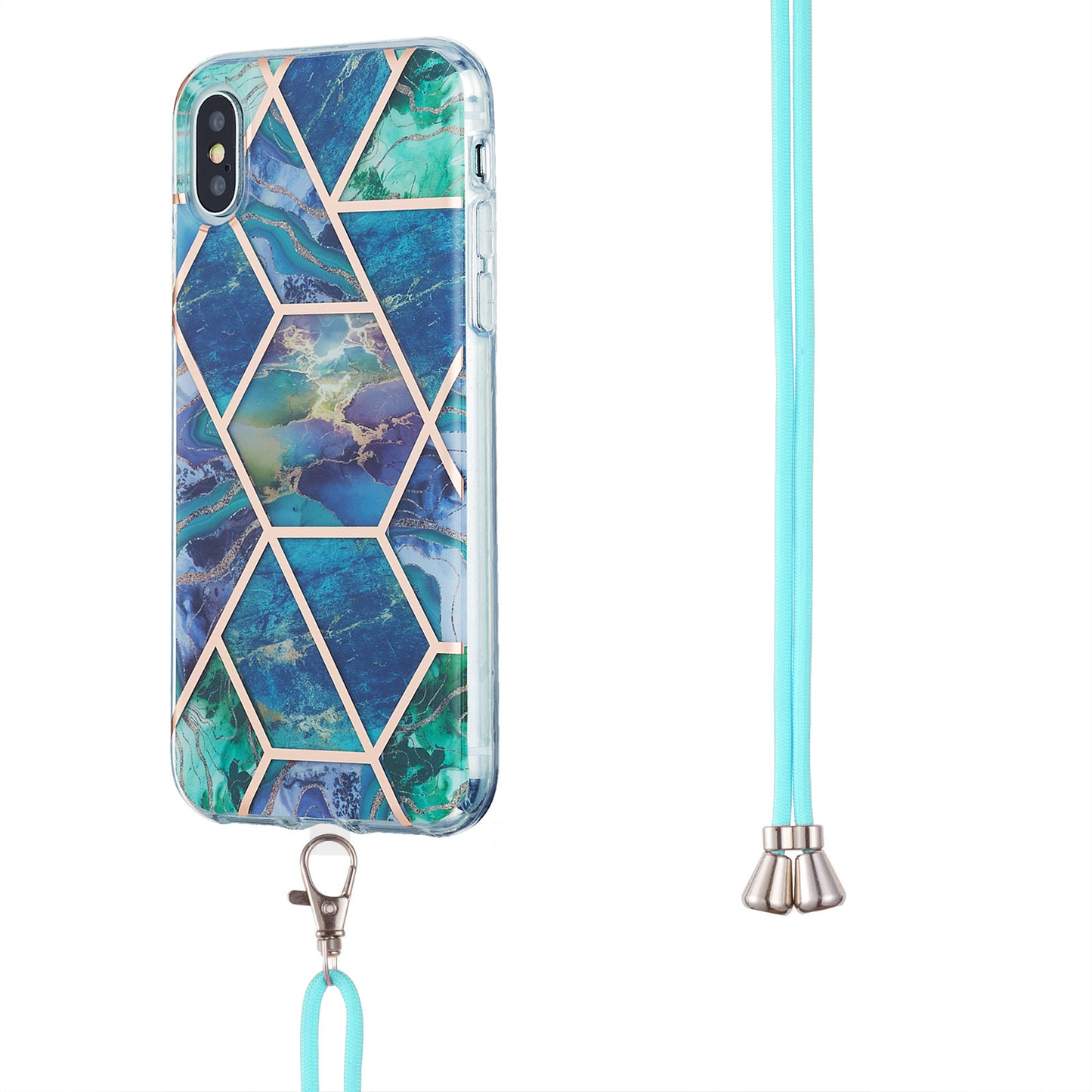 2.0mm IMD TPU Phone Cover + Lanyard Splicing Marble Pattern Electroplating Ultra Slim Case for iPhone X/XS 5.8 inch