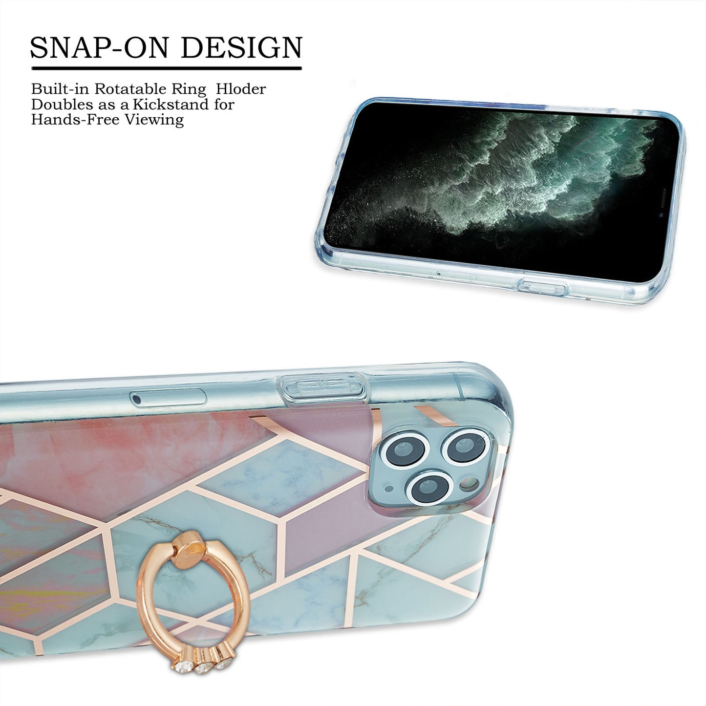 2.0mm TPU Phone Kickstand Cover IMD Electroplating IML Marble Pattern Snap-on Design Case for iPhone 11 Pro 5.8 inch