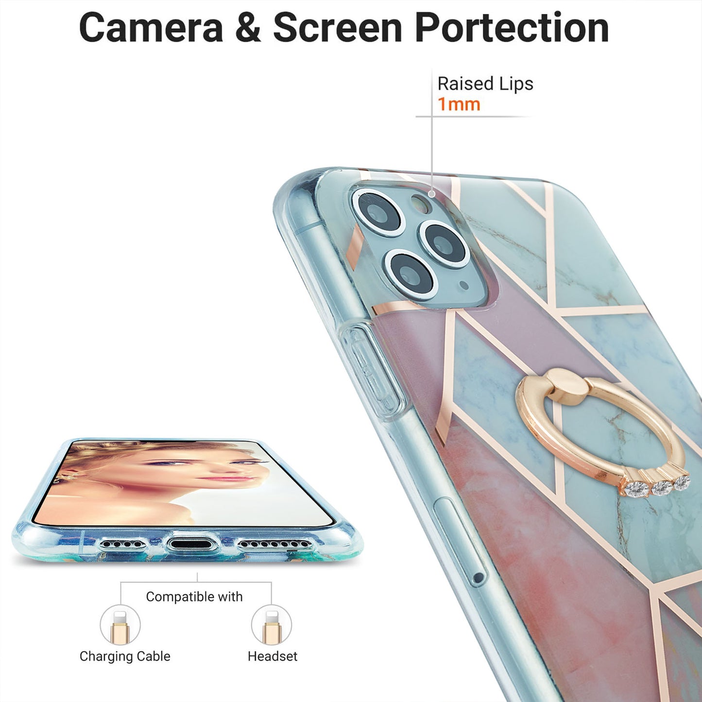 2.0mm TPU Phone Kickstand Cover IMD Electroplating IML Marble Pattern Snap-on Design Case for iPhone 11 Pro 5.8 inch