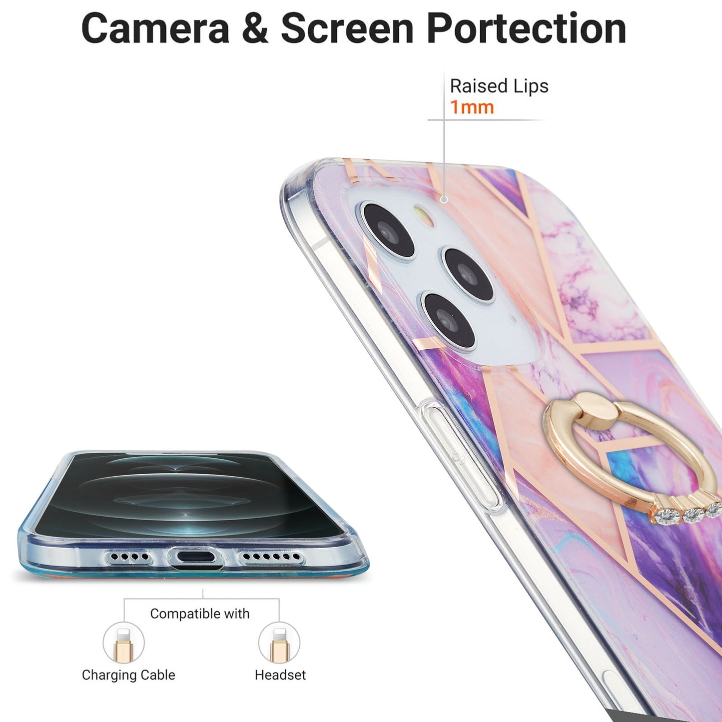 2.0mm TPU Phone Kickstand Cover IMD Electroplating IML Marble Pattern Snap-on Design Case for iPhone 11 Pro 5.8 inch