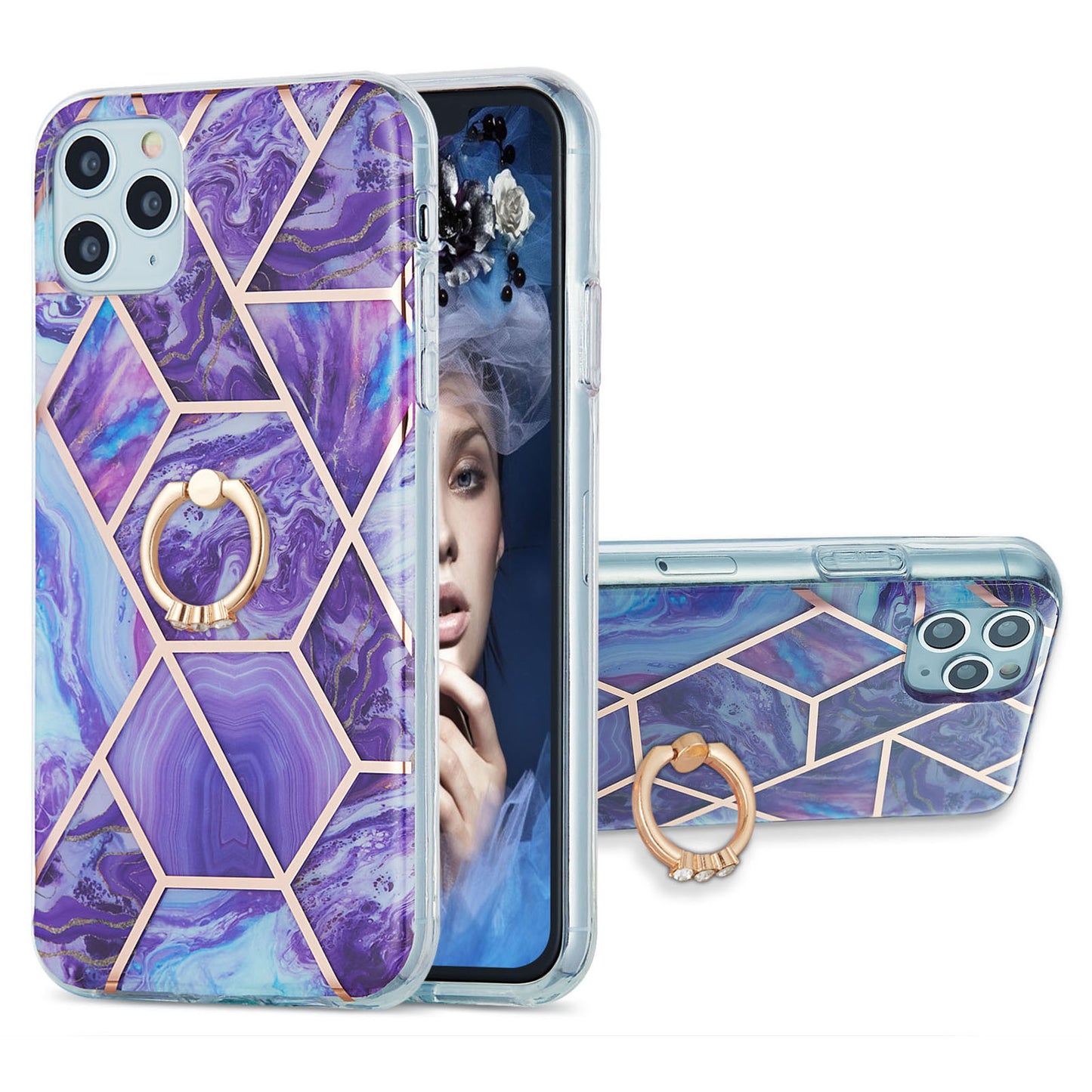 2.0mm TPU Phone Kickstand Cover IMD Electroplating IML Marble Pattern Snap-on Design Case for iPhone 11 Pro 5.8 inch